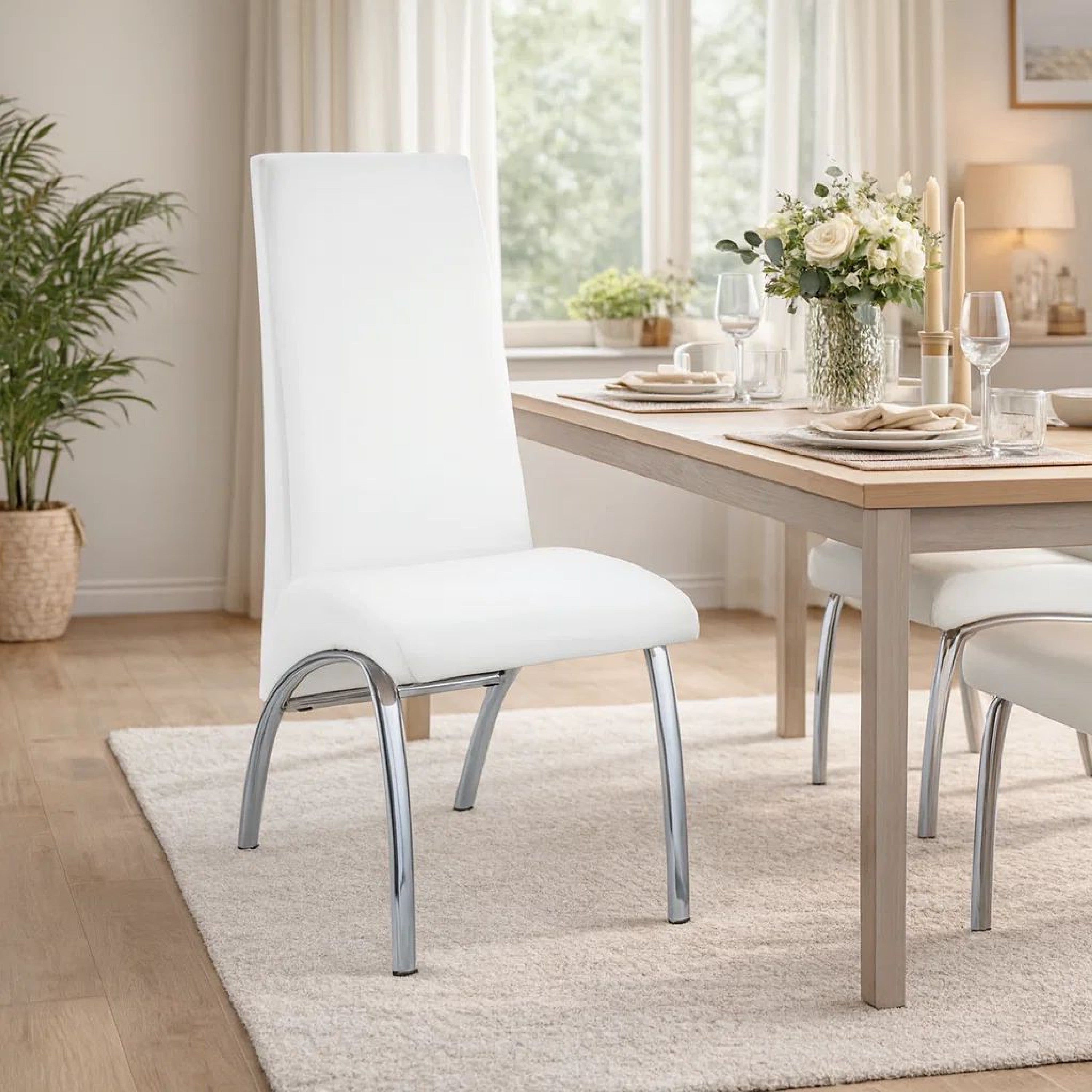 Benzara Polyurethane Upholstered Metal Side Chair, Set of Two, White And Silver