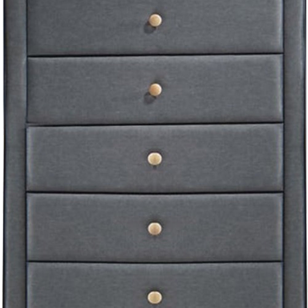 Benzara Transitional Style Wood And Fabric Upholstery Chest with 5 Drawers, Gray