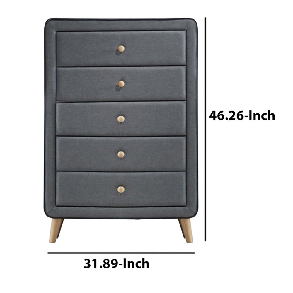 Benzara Transitional Style Wood And Fabric Upholstery Chest with 5 Drawers, Gray