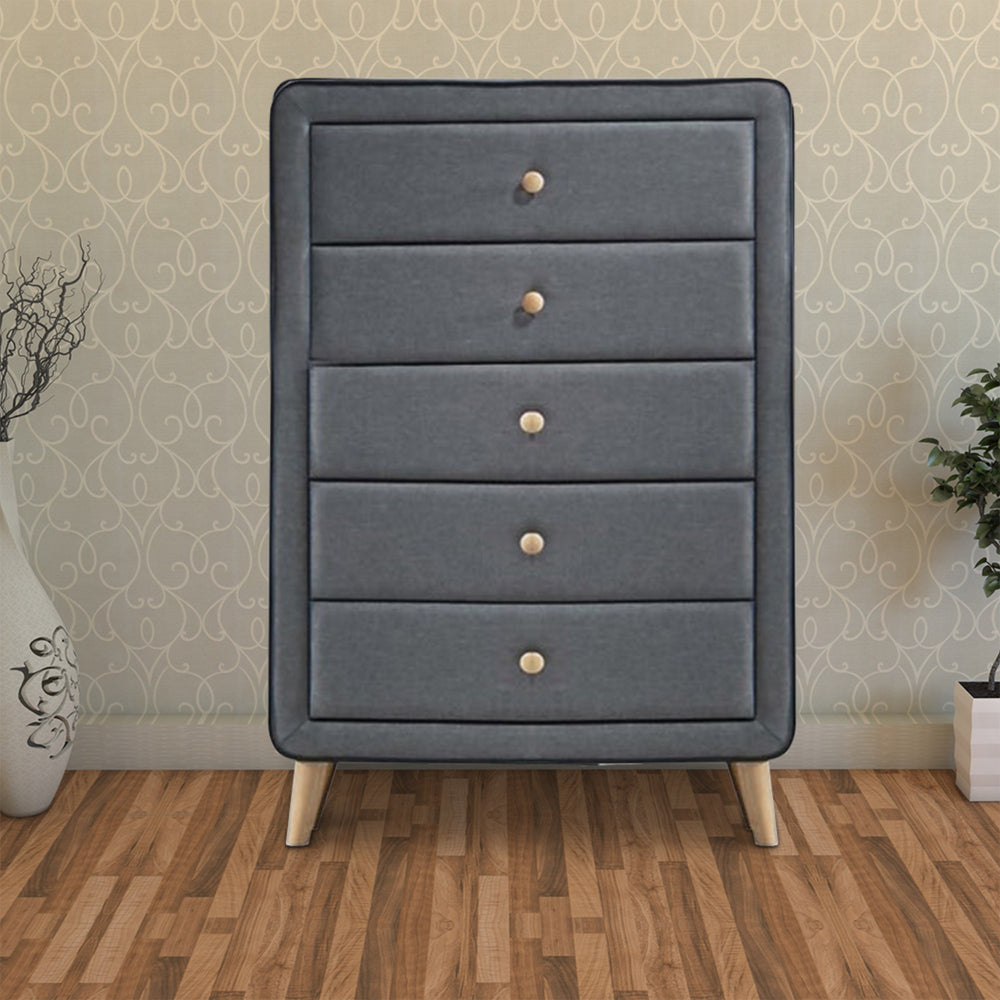 Benzara Transitional Style Wood And Fabric Upholstery Chest with 5 Drawers, Gray