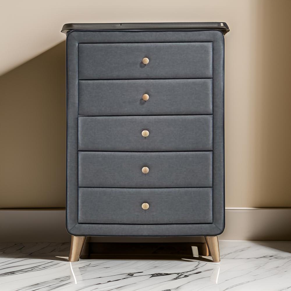 Benzara Transitional Style Wood And Fabric Upholstery Chest with 5 Drawers, Gray
