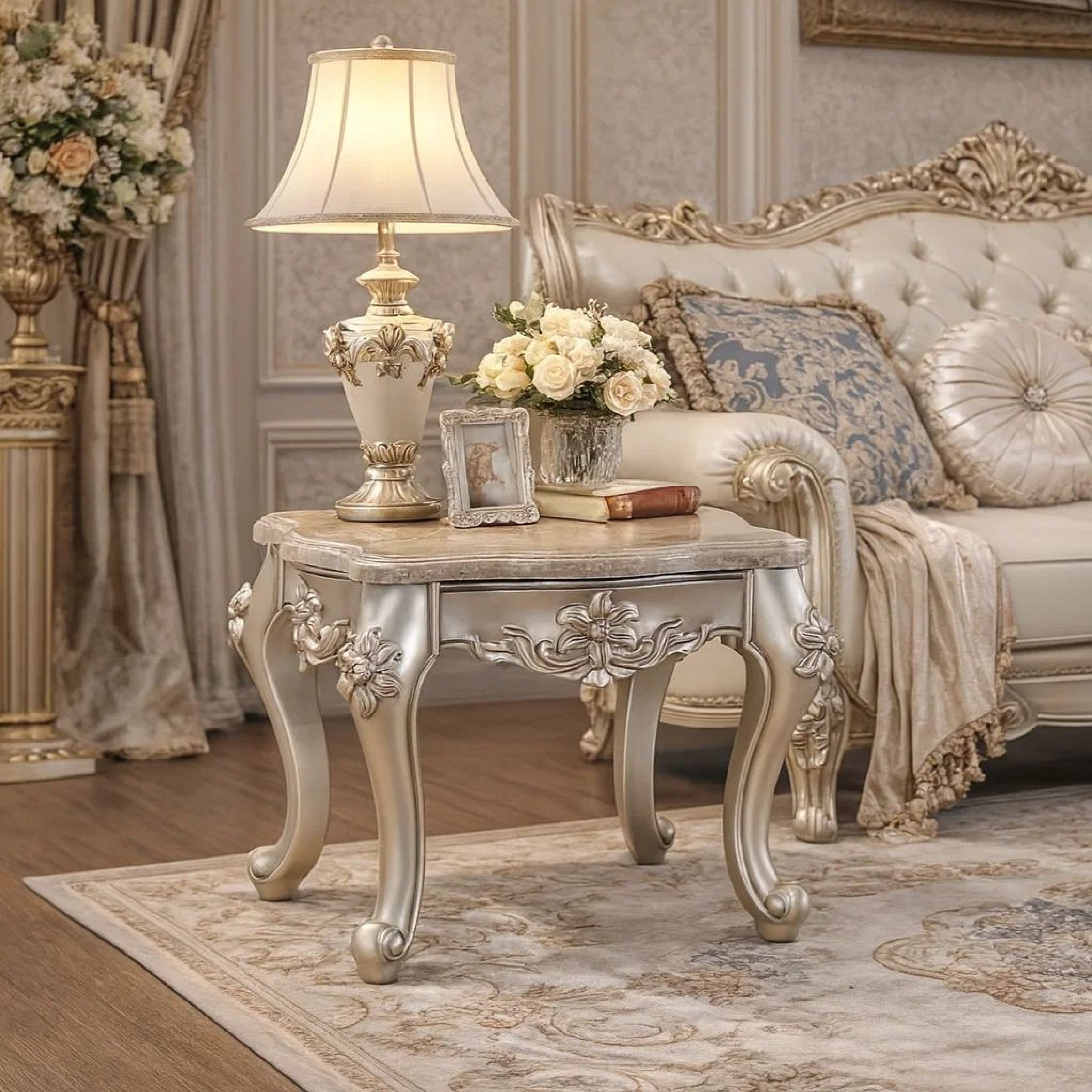 Benzara Marble Top End Table With Flower Motif Engraved Angular Wood Feet, Silver