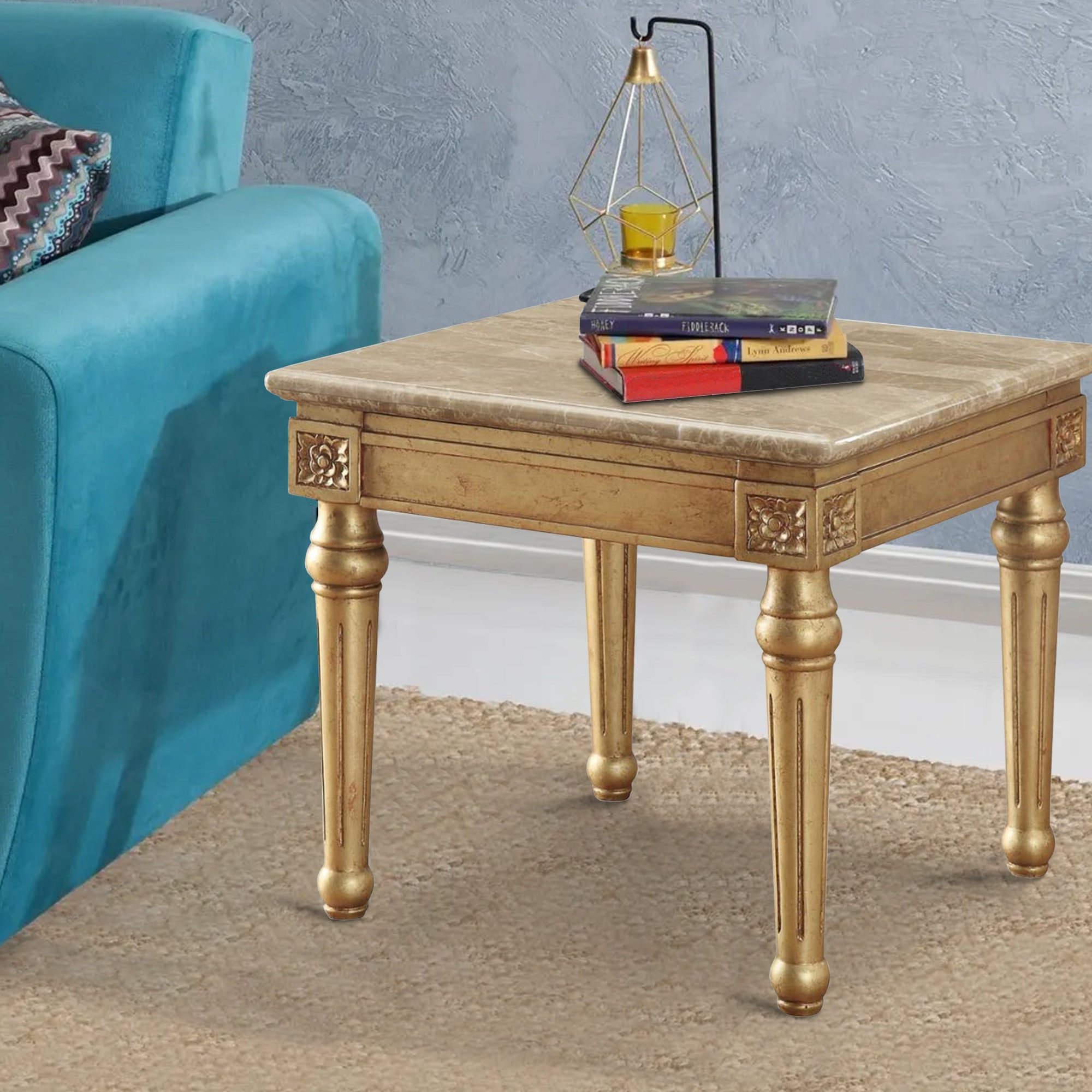 Benzara Marble Top End Table With Fluted Detail Wooden Turned Legs, Gold