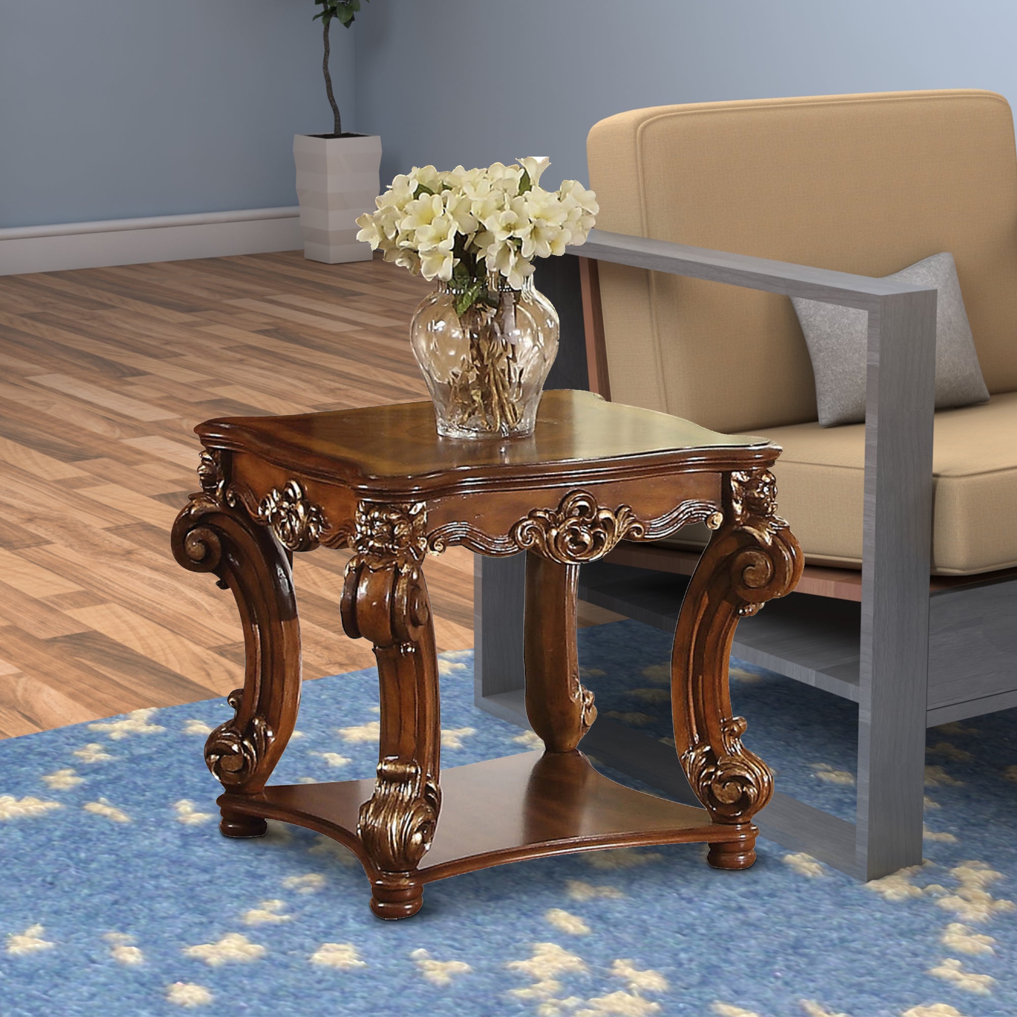 Benzara Square Top End Table With Scrolled Leg And Bottom Shelf, Cherry Brown
