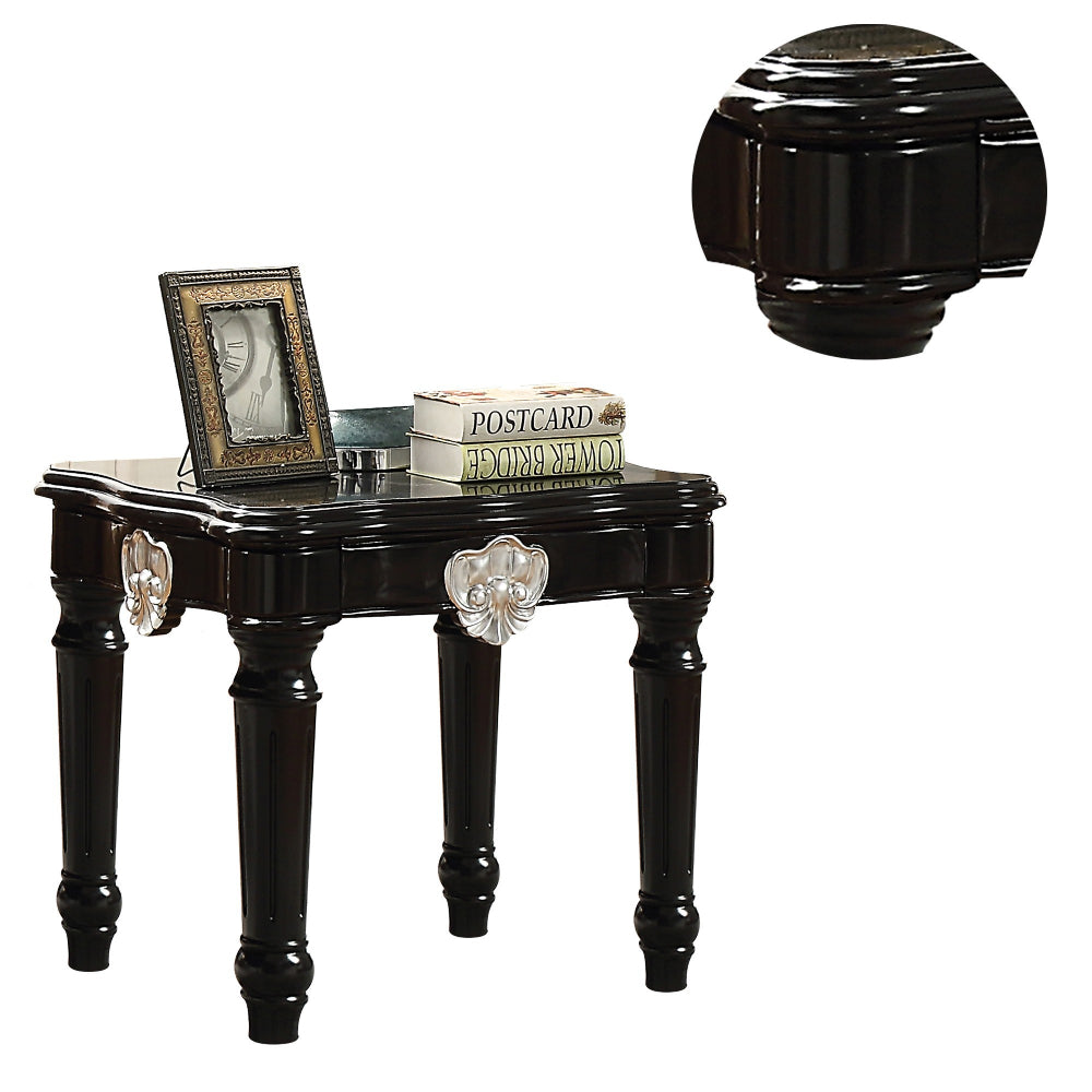 Benzara Wooden End Table With Contrast Carved Motif Turned Legs, Black