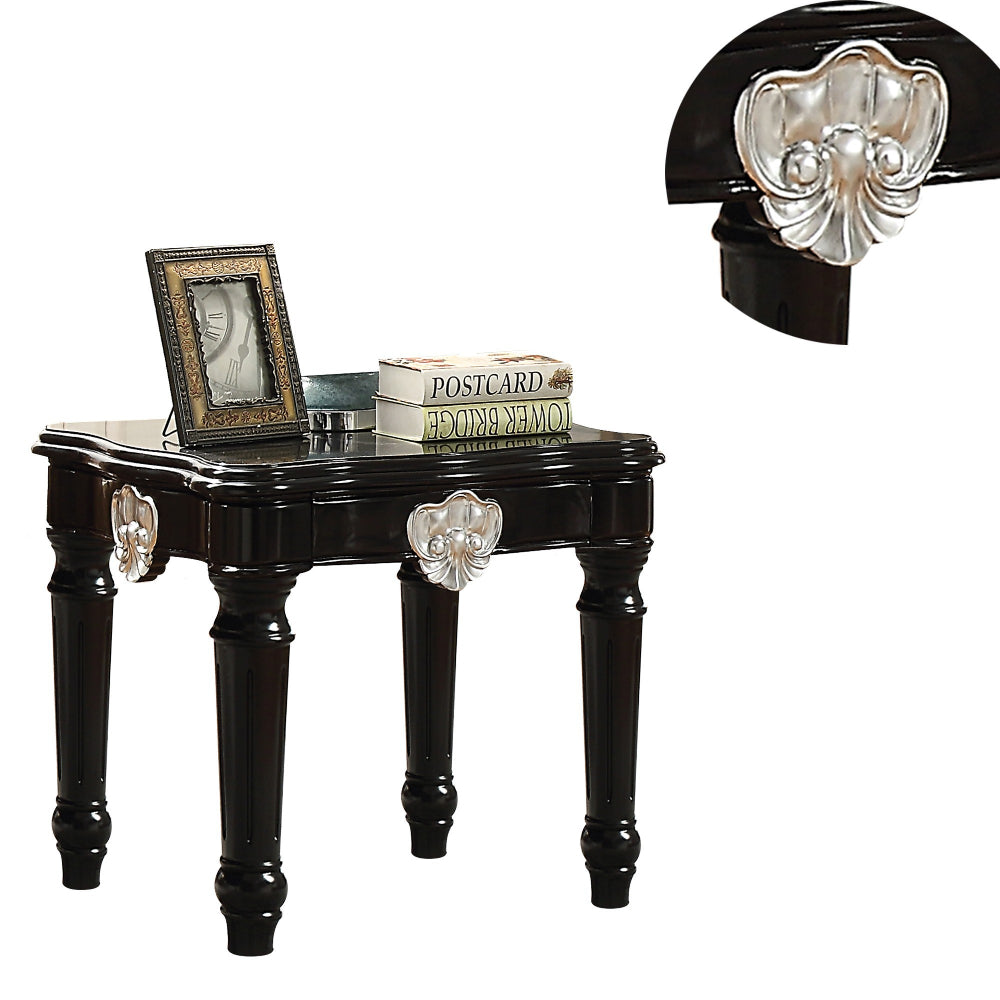 Benzara Wooden End Table With Contrast Carved Motif Turned Legs, Black