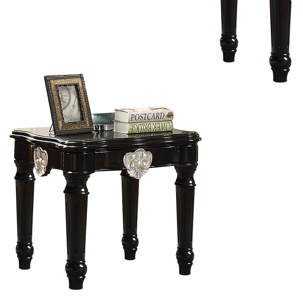 Benzara Wooden End Table With Contrast Carved Motif Turned Legs, Black