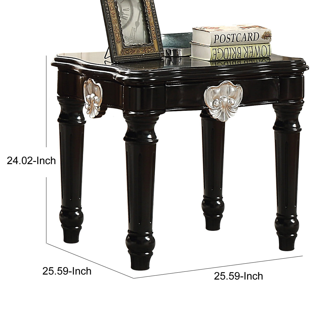 Benzara Wooden End Table With Contrast Carved Motif Turned Legs, Black