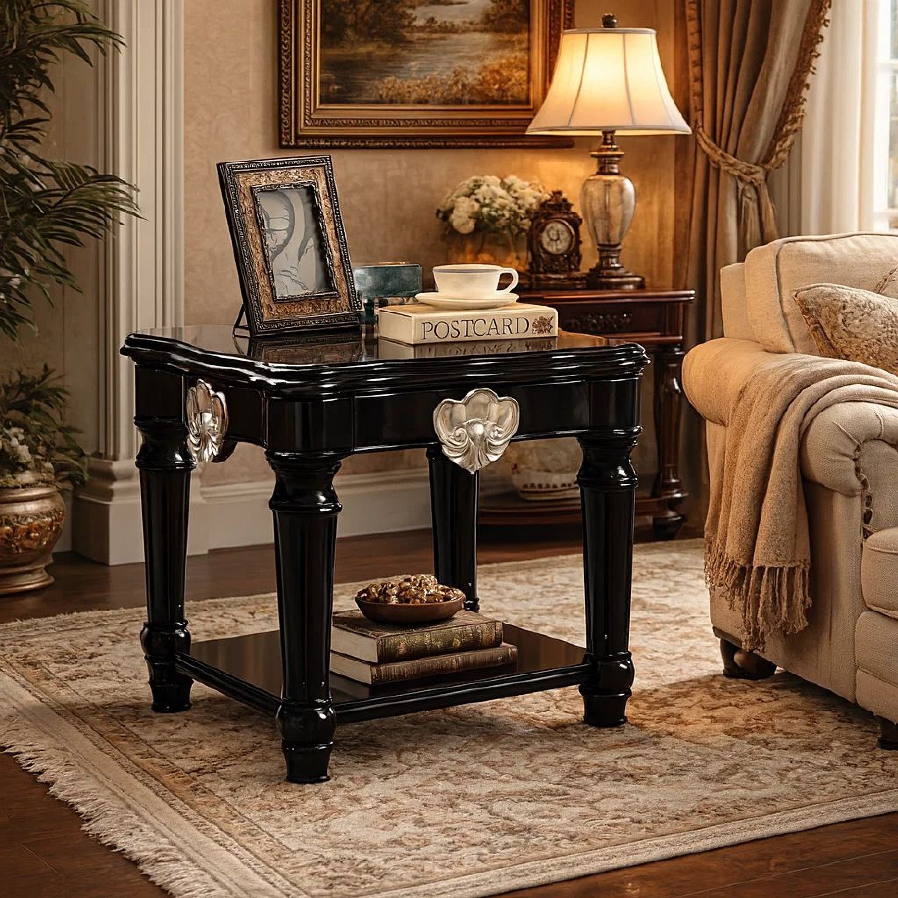 Benzara Wooden End Table With Contrast Carved Motif Turned Legs, Black
