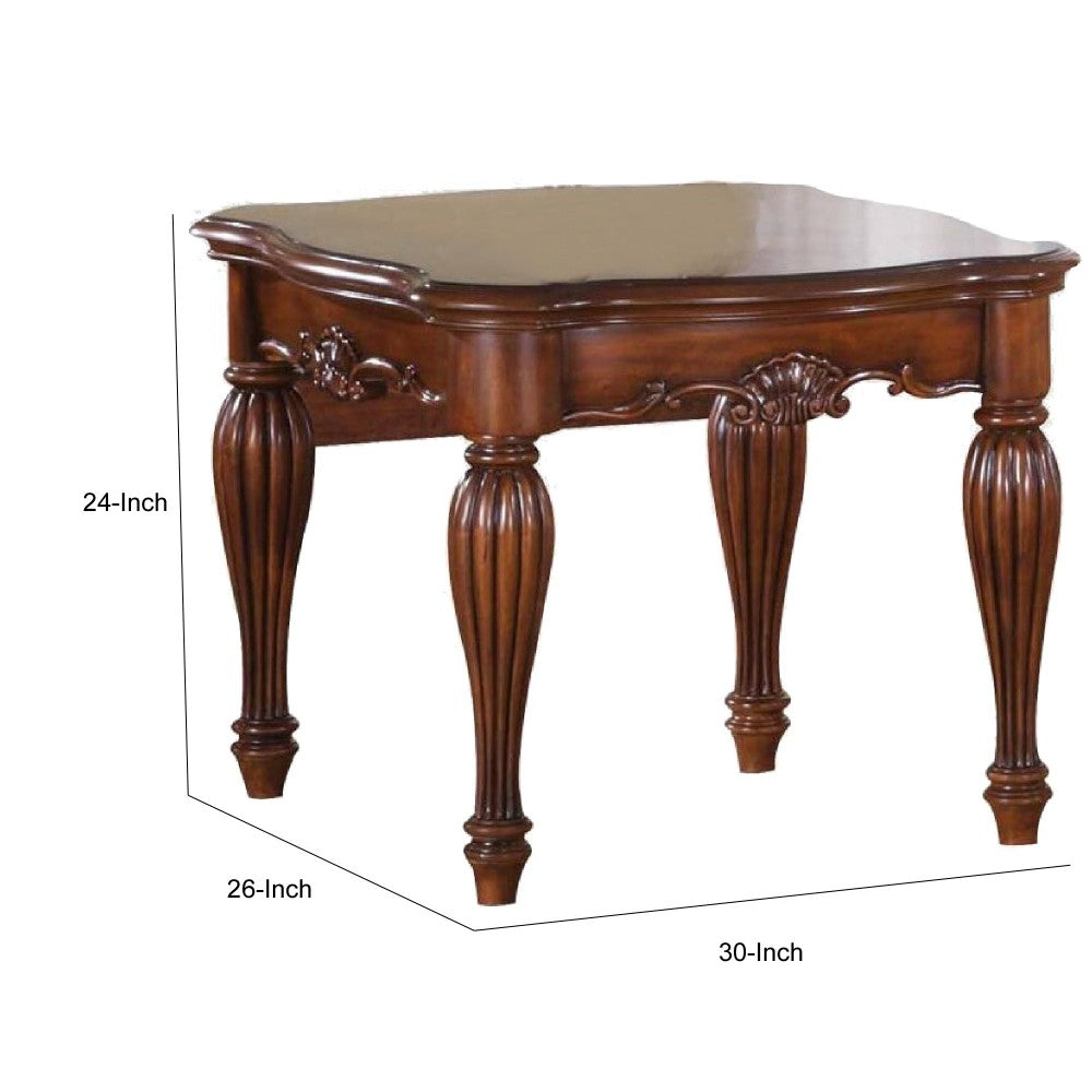 Benzara Wooden End Table with Carved Details, Cherry Brown