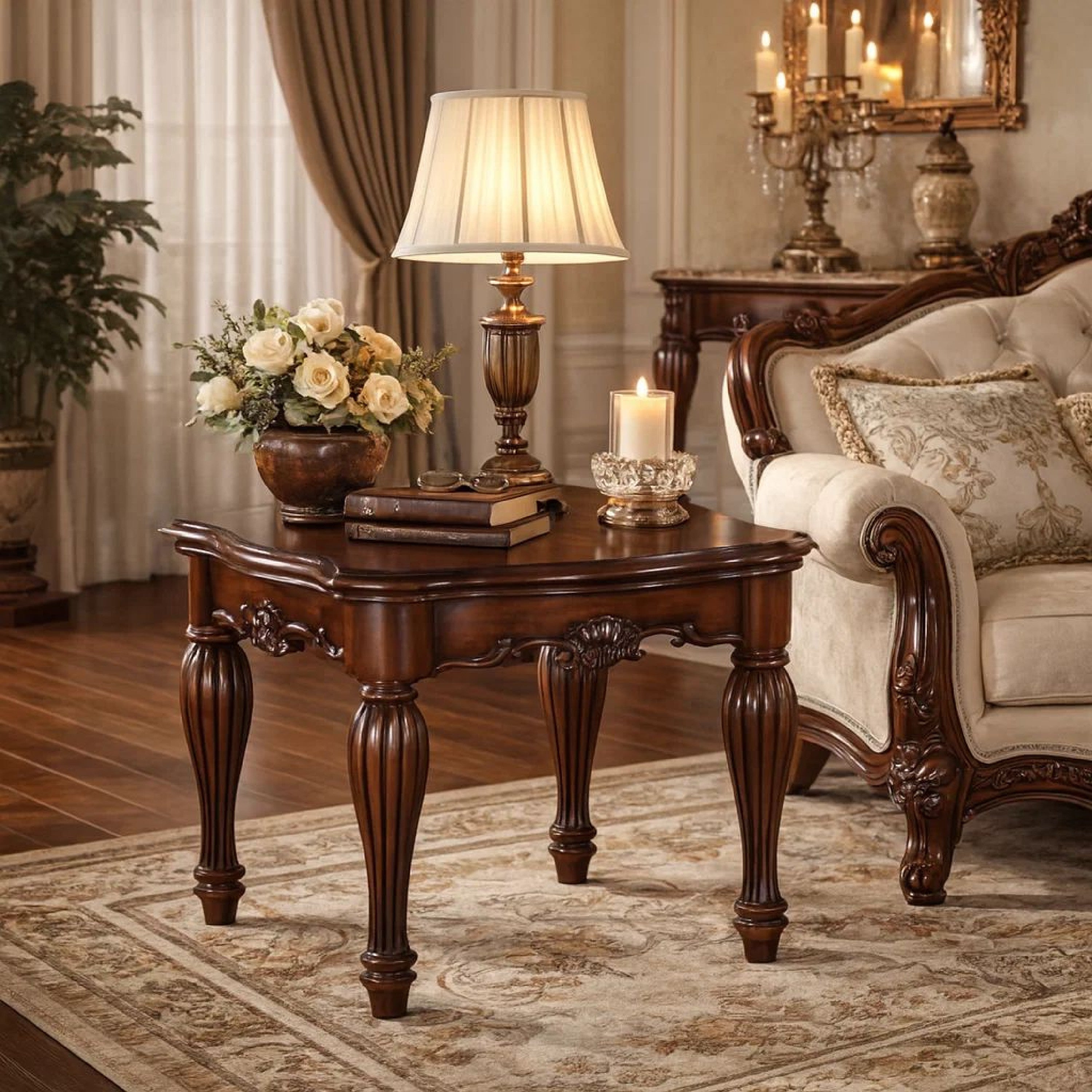 Benzara Wooden End Table with Carved Details, Cherry Brown