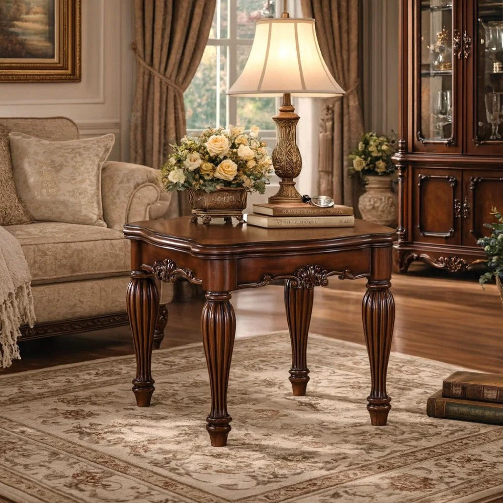 Benzara Wooden End Table with Carved Details, Cherry Brown