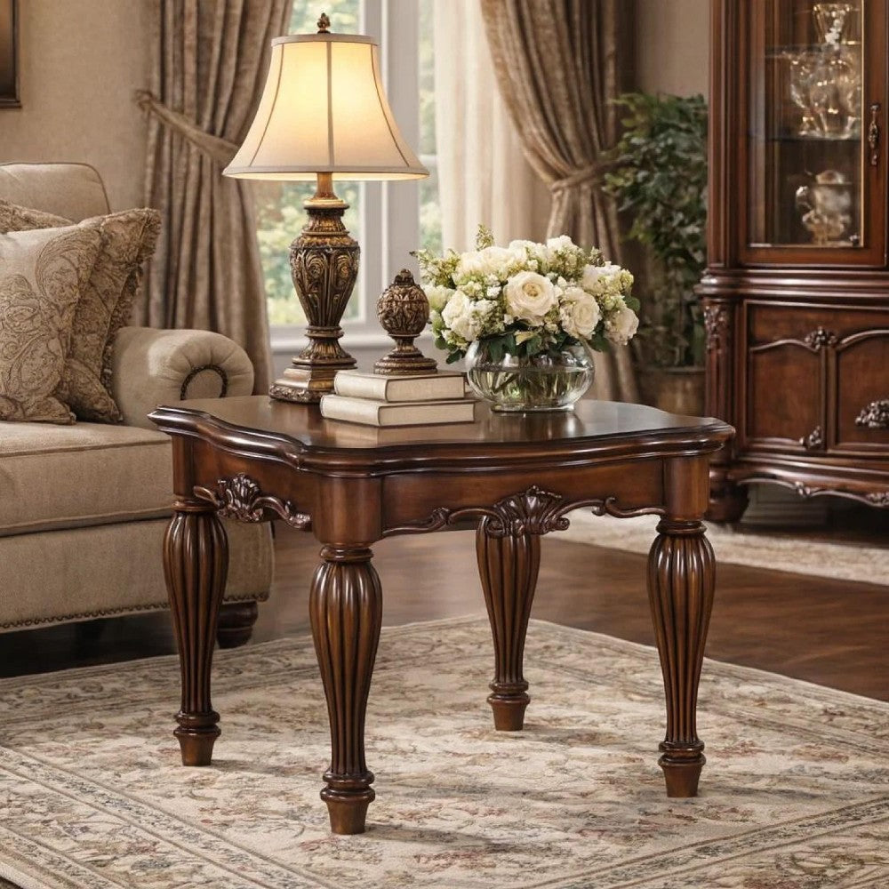 Benzara Wooden End Table with Carved Details, Cherry Brown