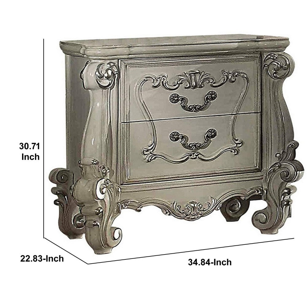 Benzara Two Drawers Wooden Nightstand with Carved Details, Bone White