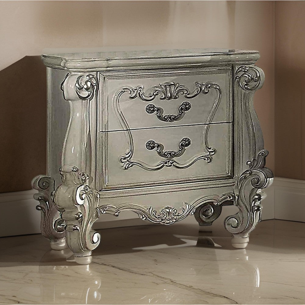 Benzara Two Drawers Wooden Nightstand with Carved Details, Bone White