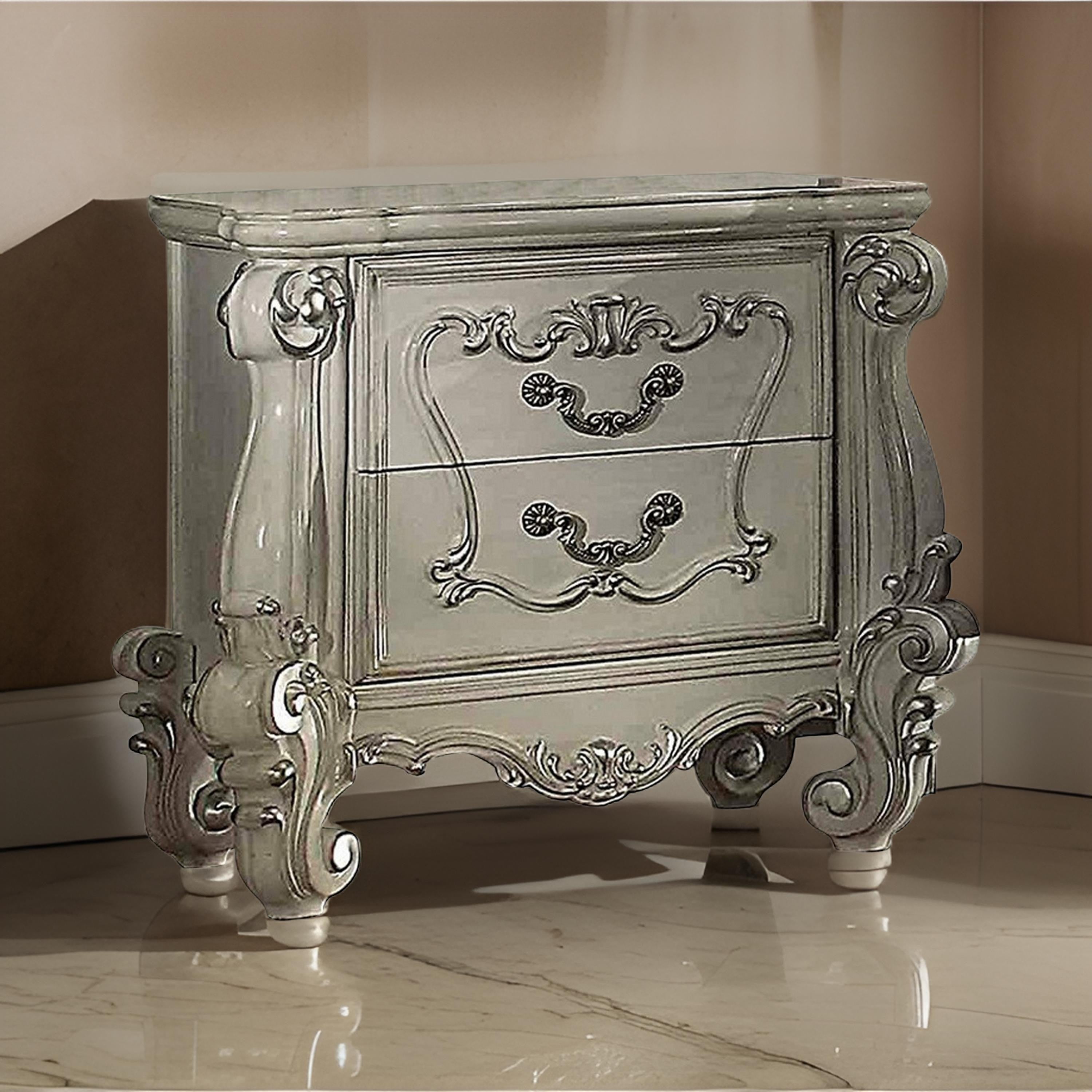 Benzara Two Drawers Wooden Nightstand with Carved Details, Bone White