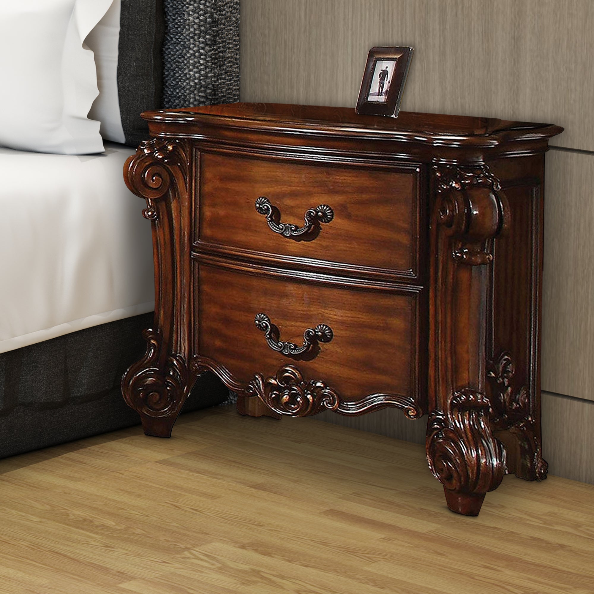 Benzara Traditional Style Wooden Nightstand with Two Drawers, Cherry Brown