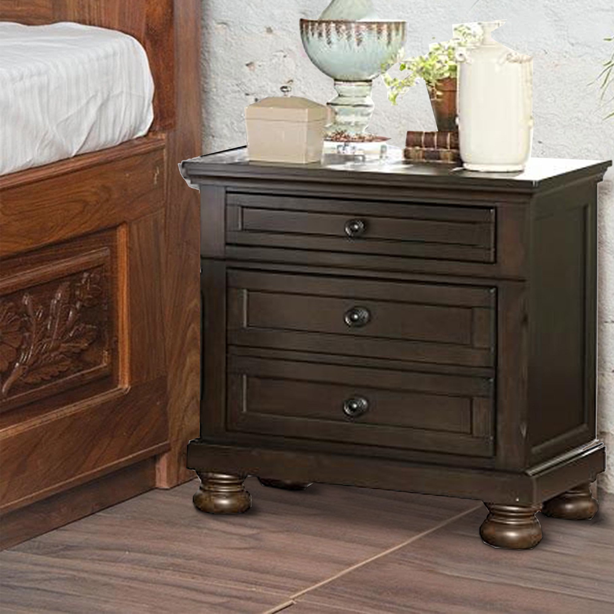 Benzara Wooden Mid Century Design Night Stand Chest With Hidden Drawer, Dark Brown