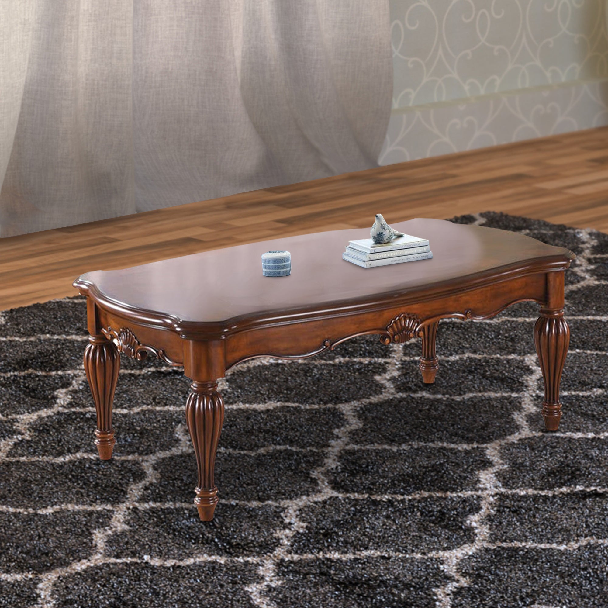 Benzara Vintage Rectangular Wooden Coffee Table with Fluted Legs, Cherry Brown