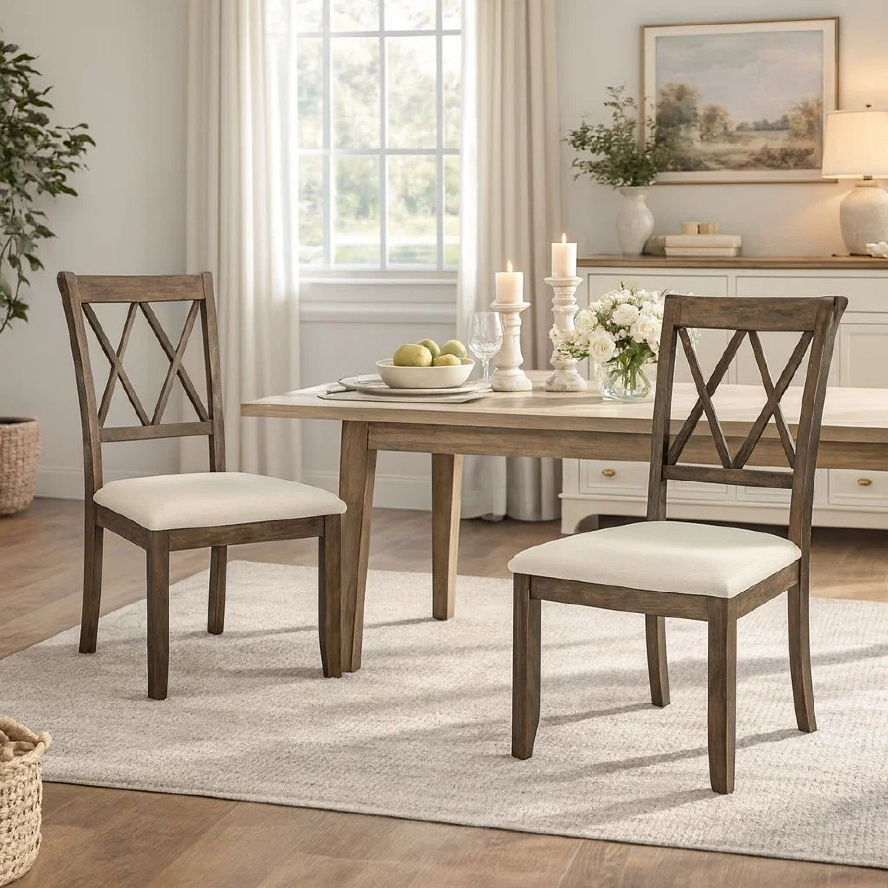Benzara Wood Dining Chair, Double X Backrest, Set of 2, Beige, Brown
