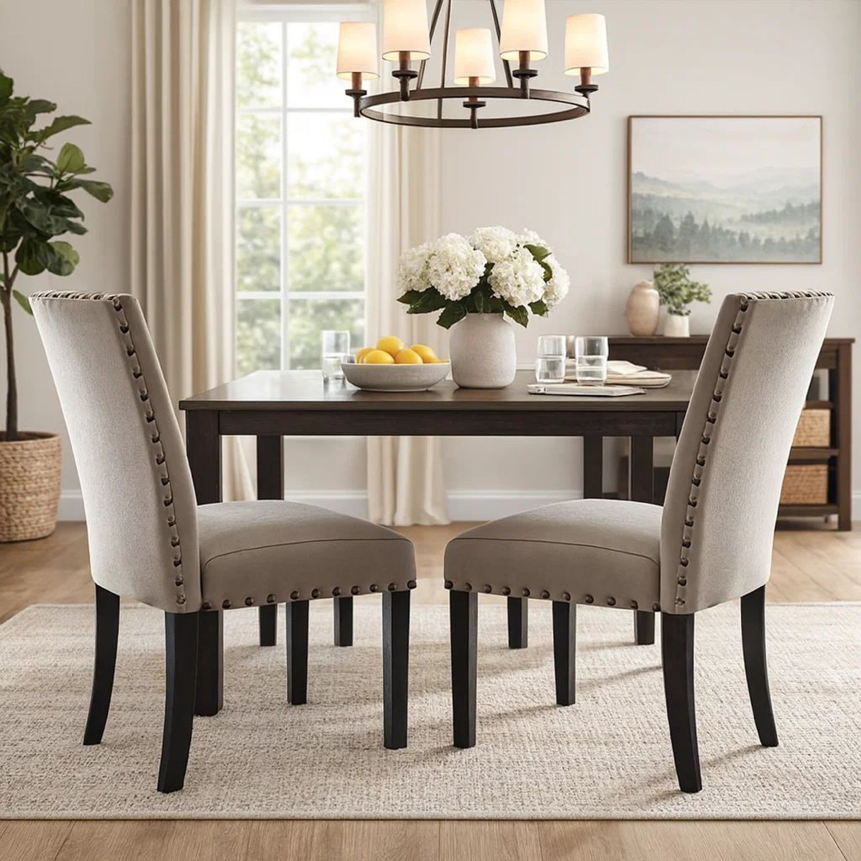Benzara Nailhead Trim Fabric Upholstered Wooden Side Chair, Set of 2, Beige And Brown