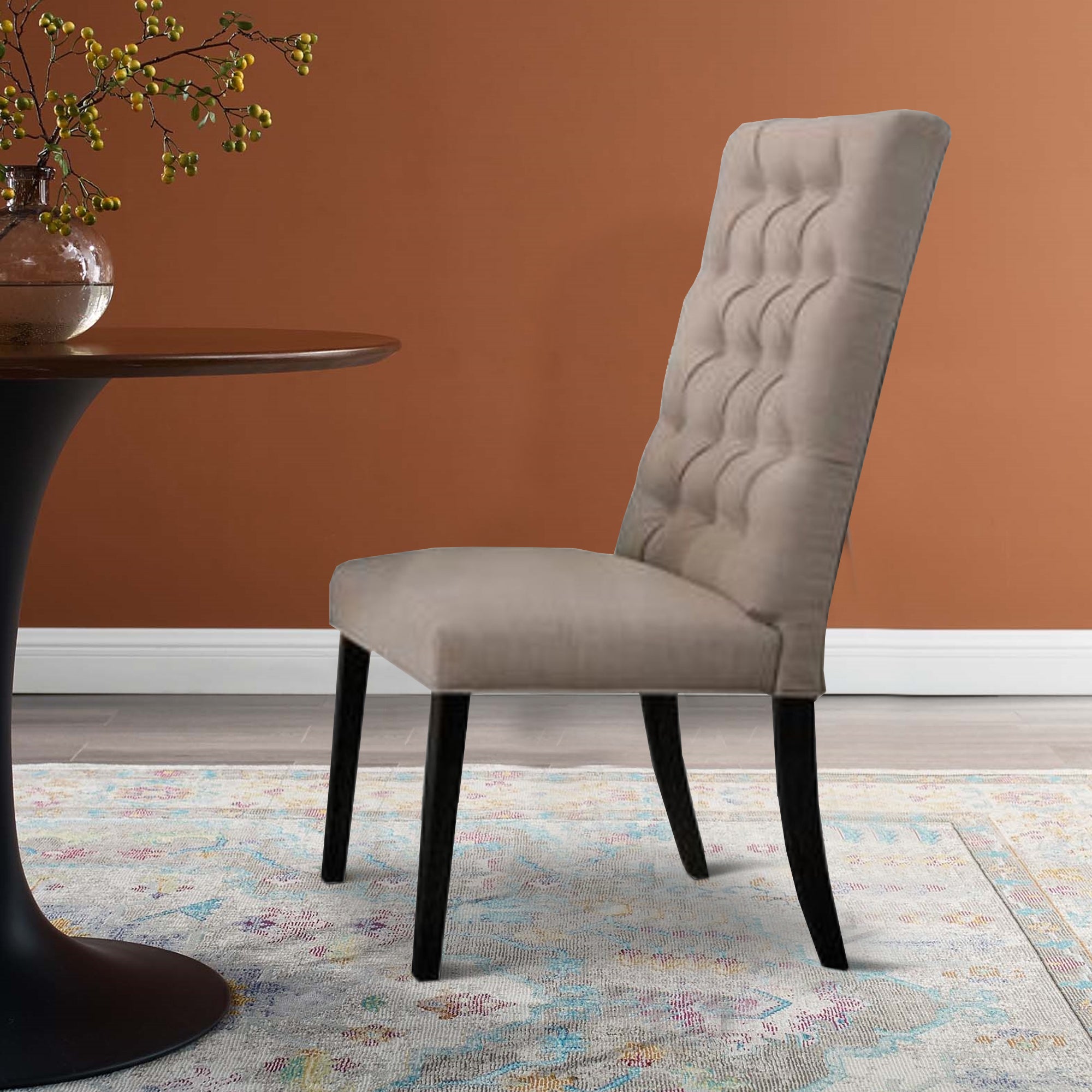 Benzara Wooden Dining Side Chair with Button Tufted Back, Set of 2, Tan Brown And Black