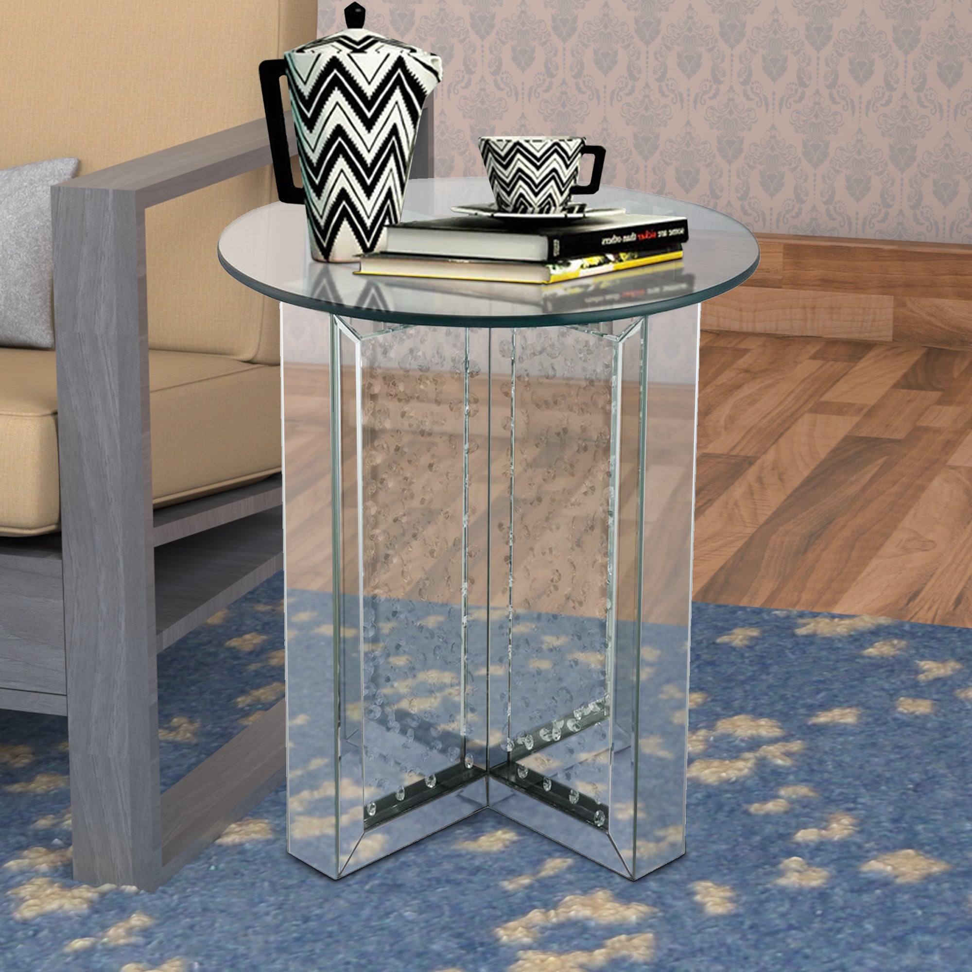 Benzara Round Mirrored Metal End Table with Glass Top And Crystal Accent Base, Silver