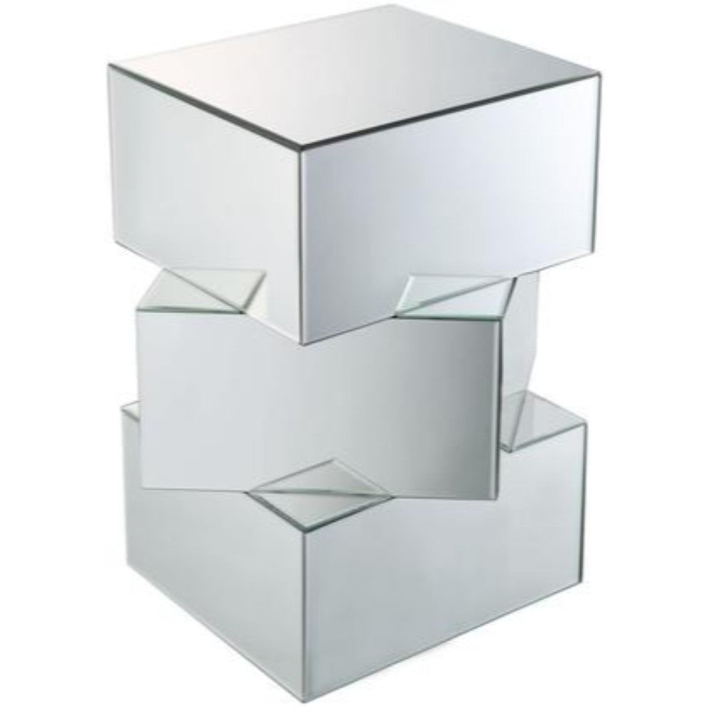 Benzara Mirror And Glass End Table with Unique Geometrical Base Design, Silver