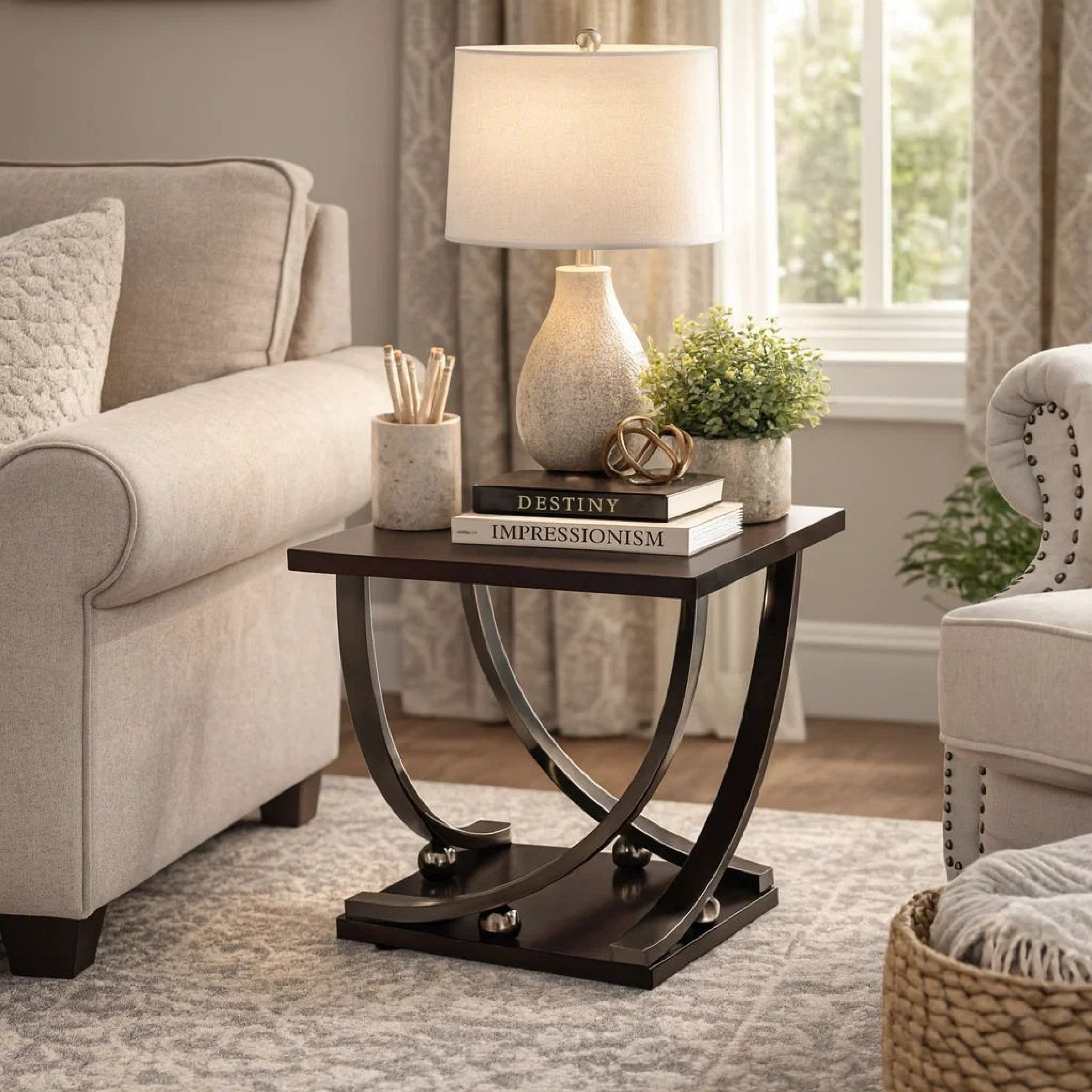Benzara Wood And Metal End Table with Sweeping Legs, Dark Walnut Brown And Black