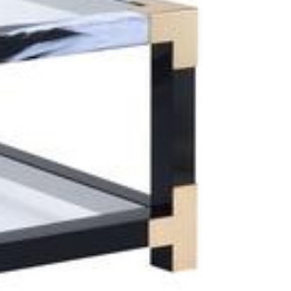 Benzara Rectangular Metal Coffee Table with Glass Top And Shelf, Black