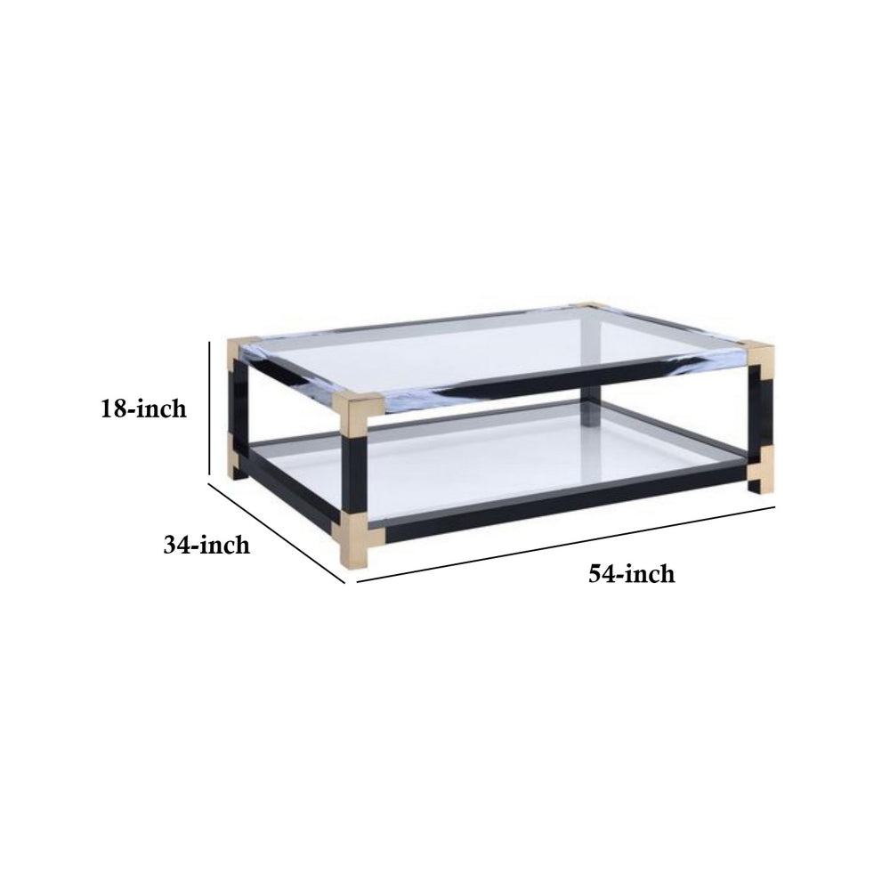 Benzara Rectangular Metal Coffee Table with Glass Top And Shelf, Black