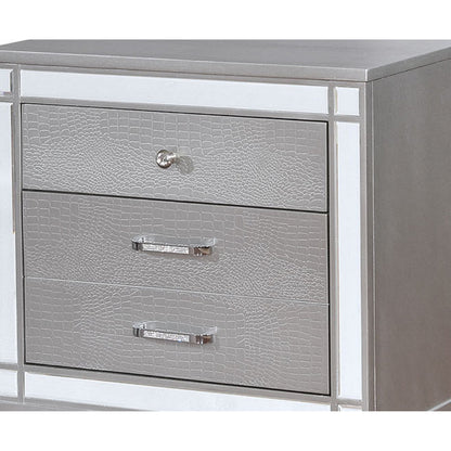 Benzara Three Drawer Solid Wood Nightstand with Mirror Accent Trim Front, Silver