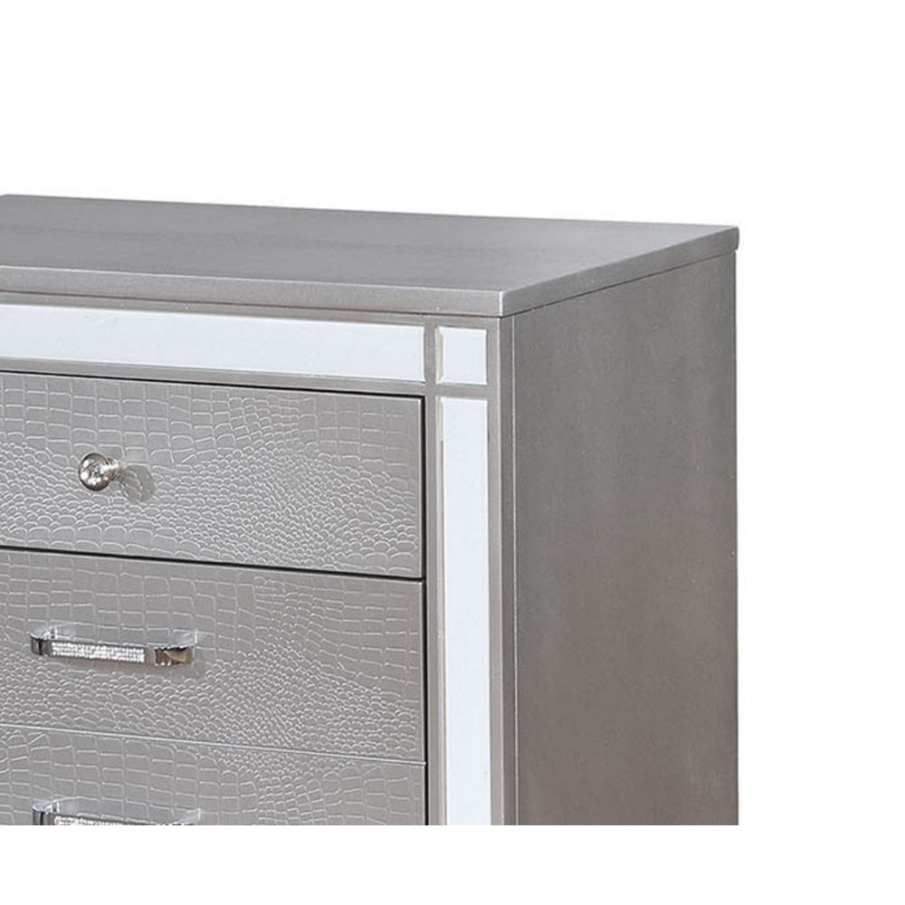 Benzara Three Drawer Solid Wood Nightstand with Mirror Accent Trim Front, Silver
