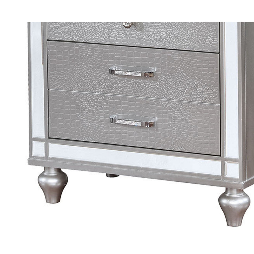 Benzara Three Drawer Solid Wood Nightstand with Mirror Accent Trim Front, Silver