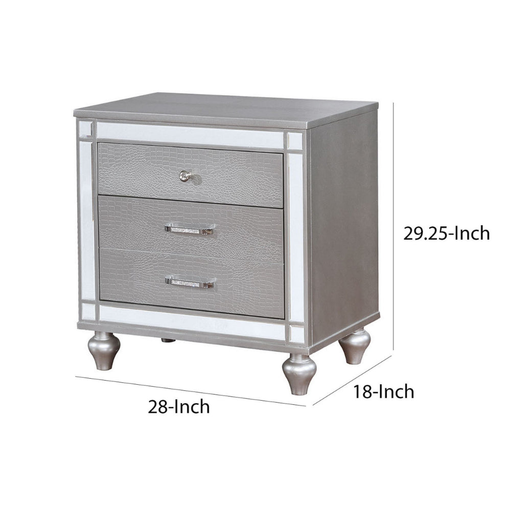 Benzara Three Drawer Solid Wood Nightstand with Mirror Accent Trim Front, Silver