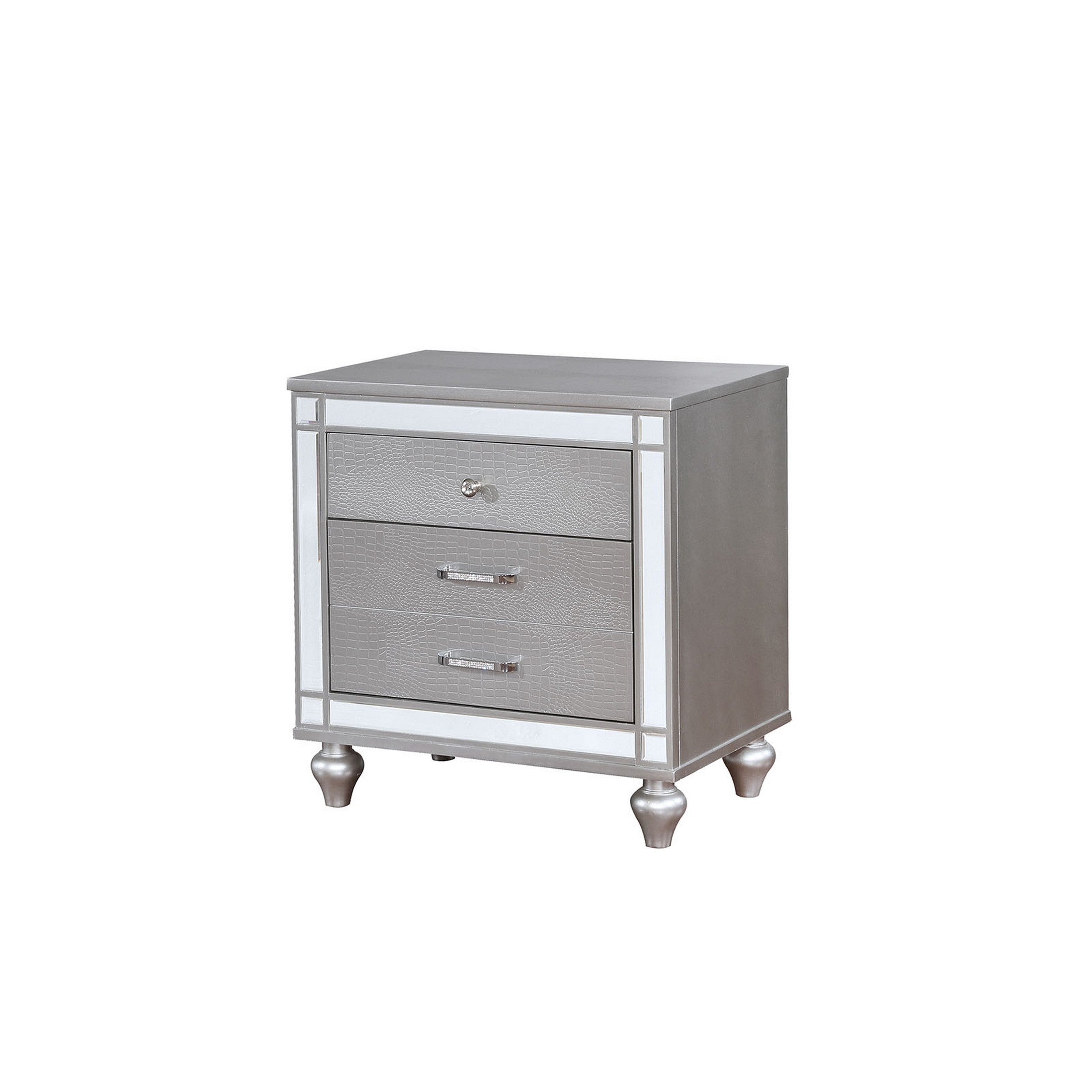 Benzara Three Drawer Solid Wood Nightstand with Mirror Accent Trim Front, Silver