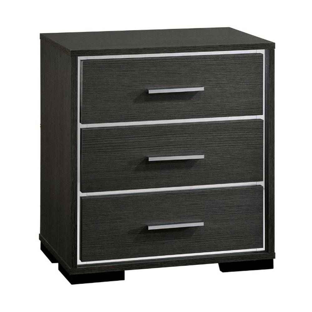 Benzara Contemporary Style Three Drawers Wooden Nightstand with Bar Handles, Dark Gray