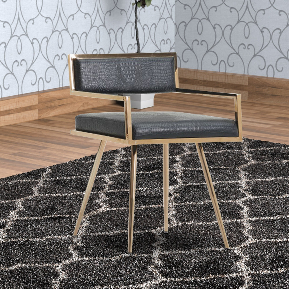 Benzara Leatherette Upholstered Metal Dining Chair with Splayed Legs, Black And Gold