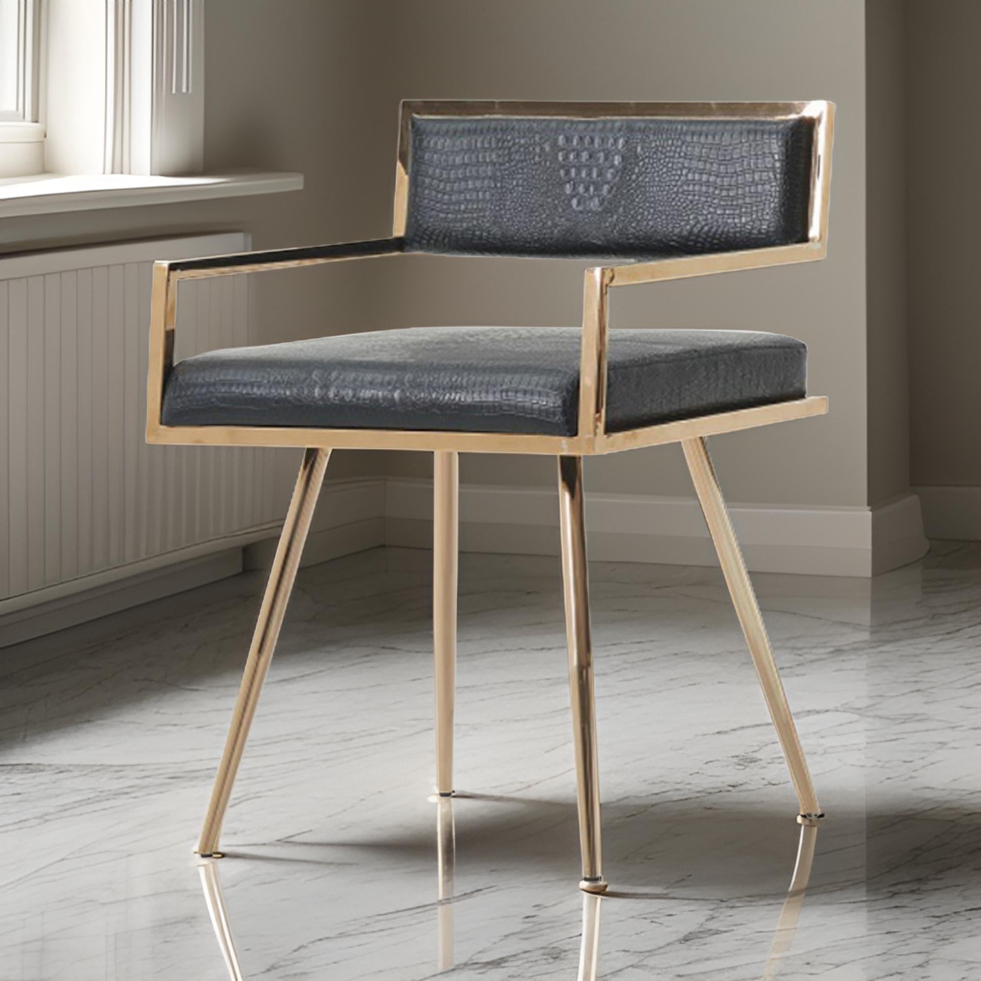 Benzara Leatherette Upholstered Metal Dining Chair with Splayed Legs, Black And Gold