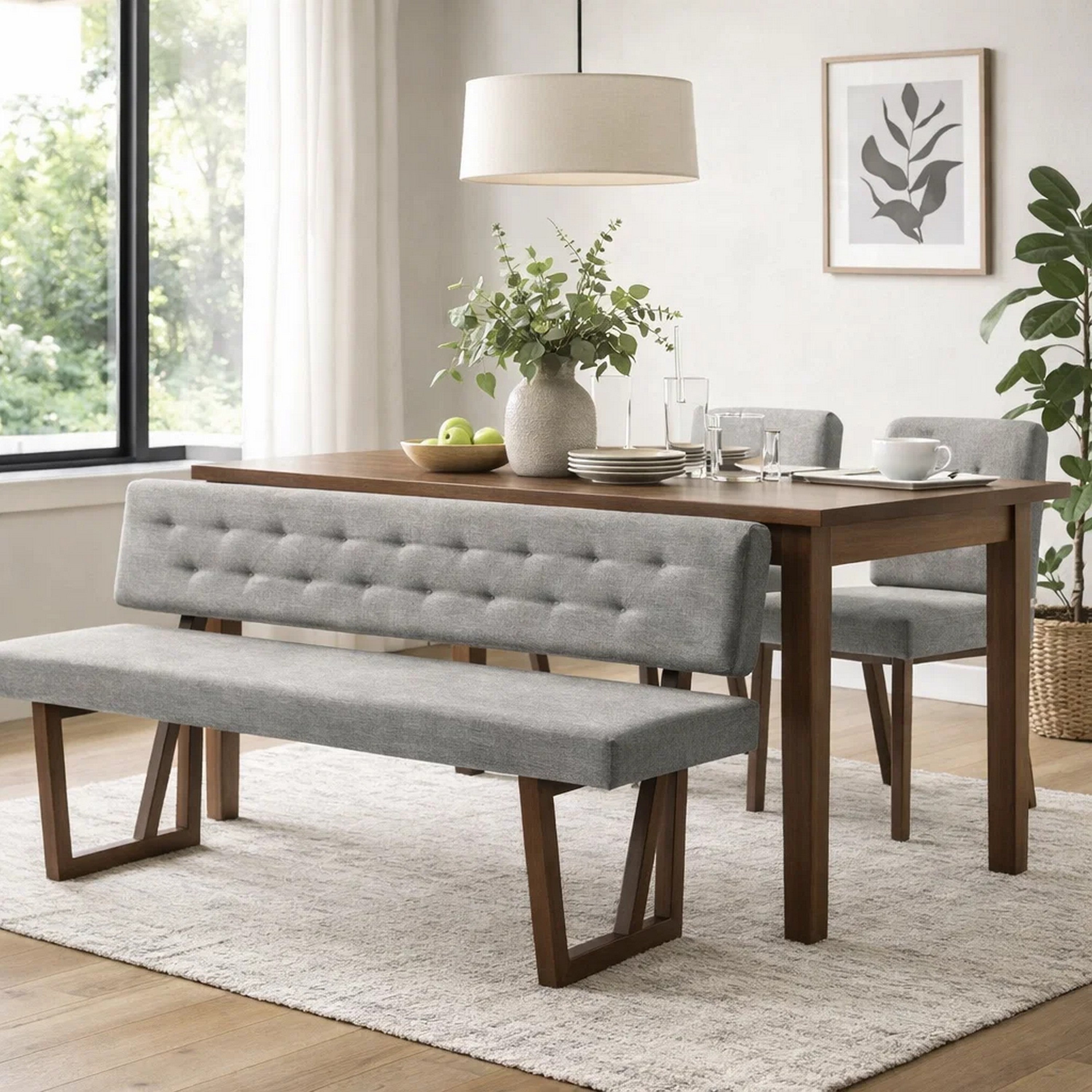 Benzara Fabric Upholstered Dining Bench with Rubber Wood Feet, Gray And Walnut Brown