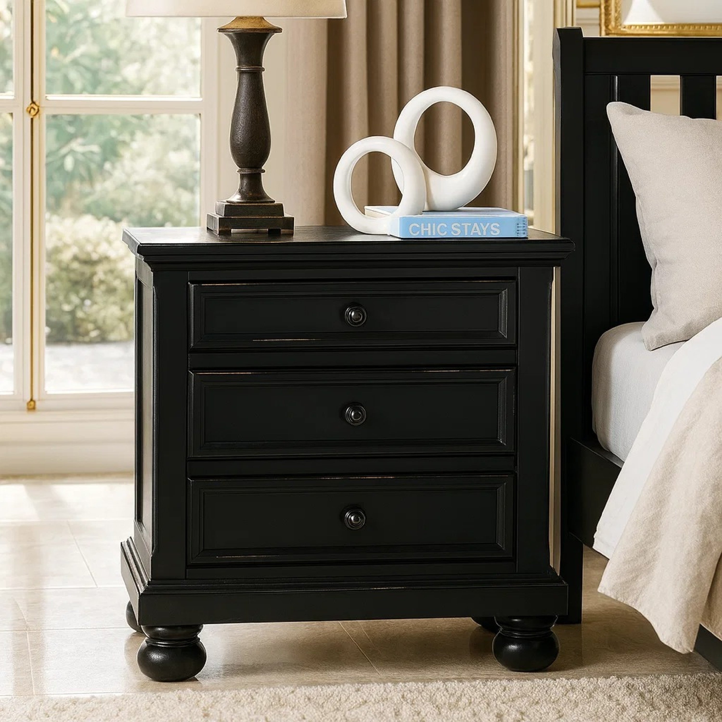 Benzara Transitional Style Two Drawer Wooden Night Stand with Round Bun Legs, Black