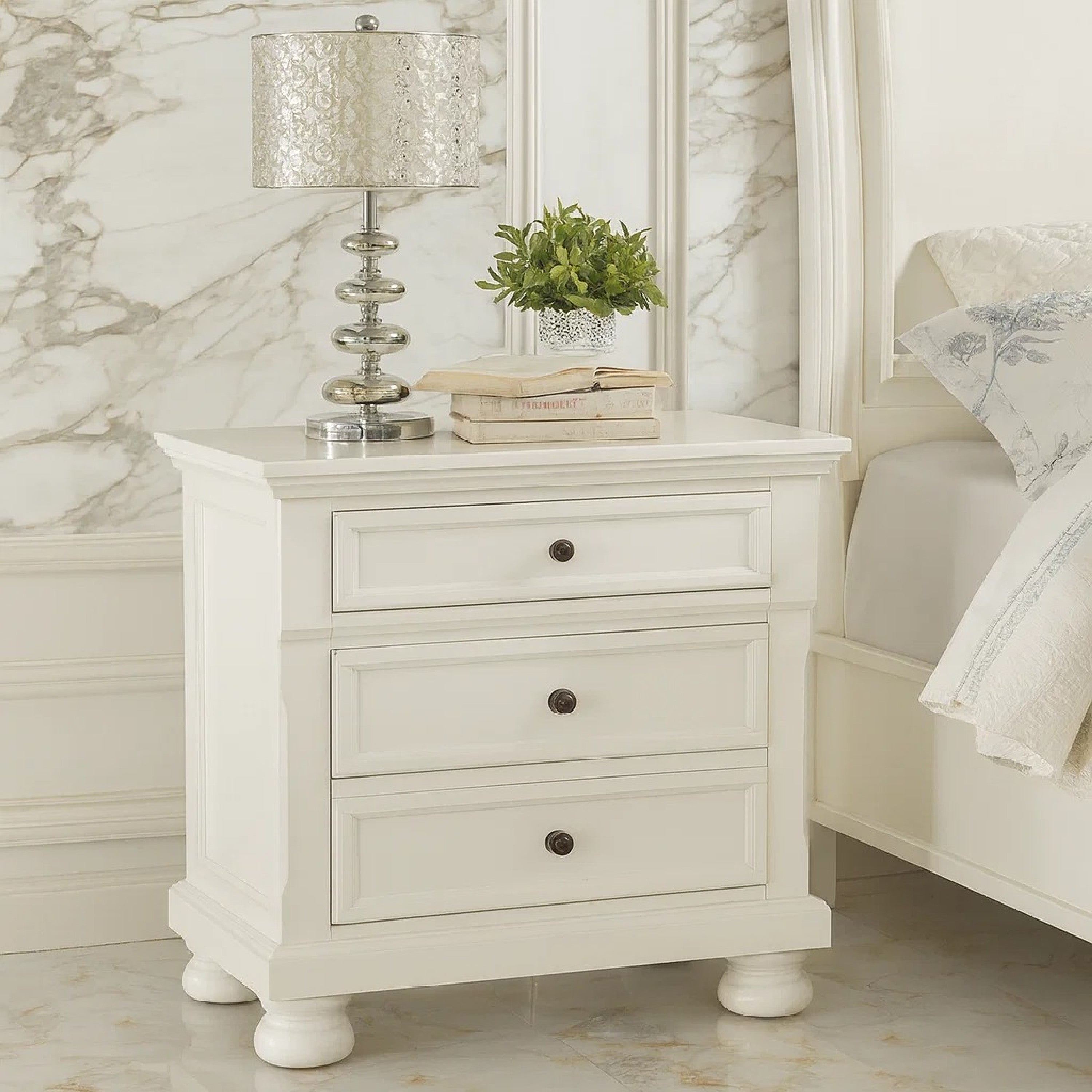Benzara Transitional Style Two Drawer Wooden Night Stand with Round Bun Legs, White