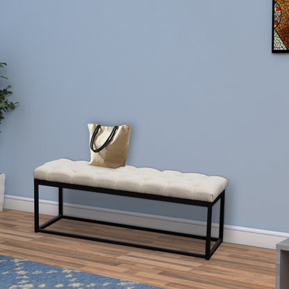 Benzara Linen Upholstered Metal Contemporary Bench with Diamond Tuft Details, Beige And Black