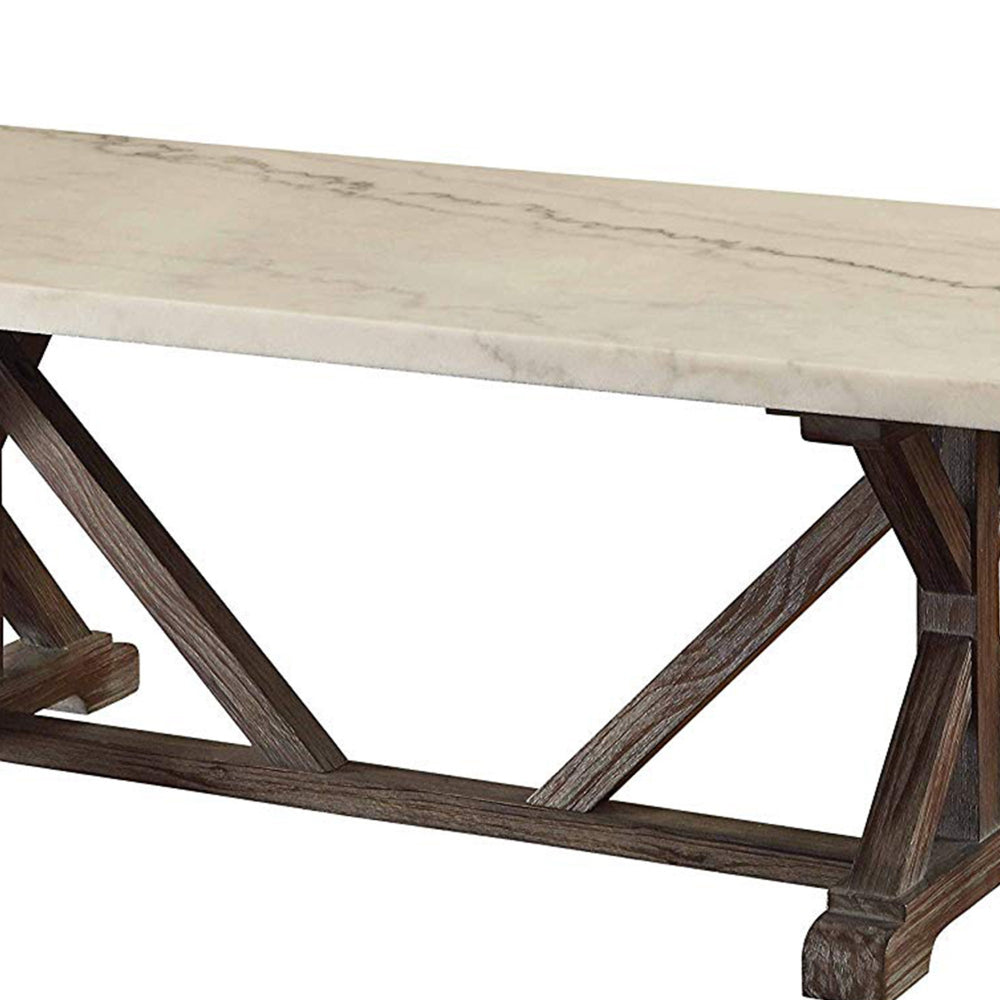Benzara Marble Rectangle Shaped Coffee Table with Wooden Trestle Base, White And Espresso Brown