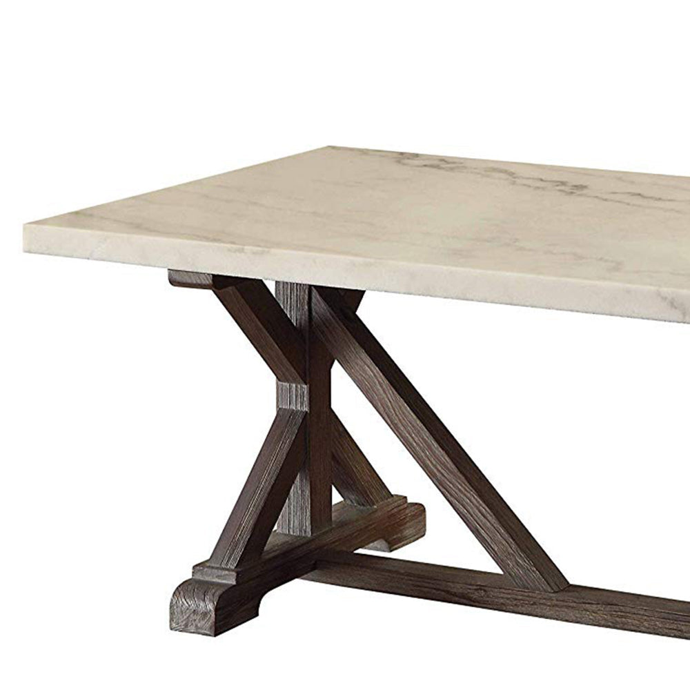 Benzara Marble Rectangle Shaped Coffee Table with Wooden Trestle Base, White And Espresso Brown