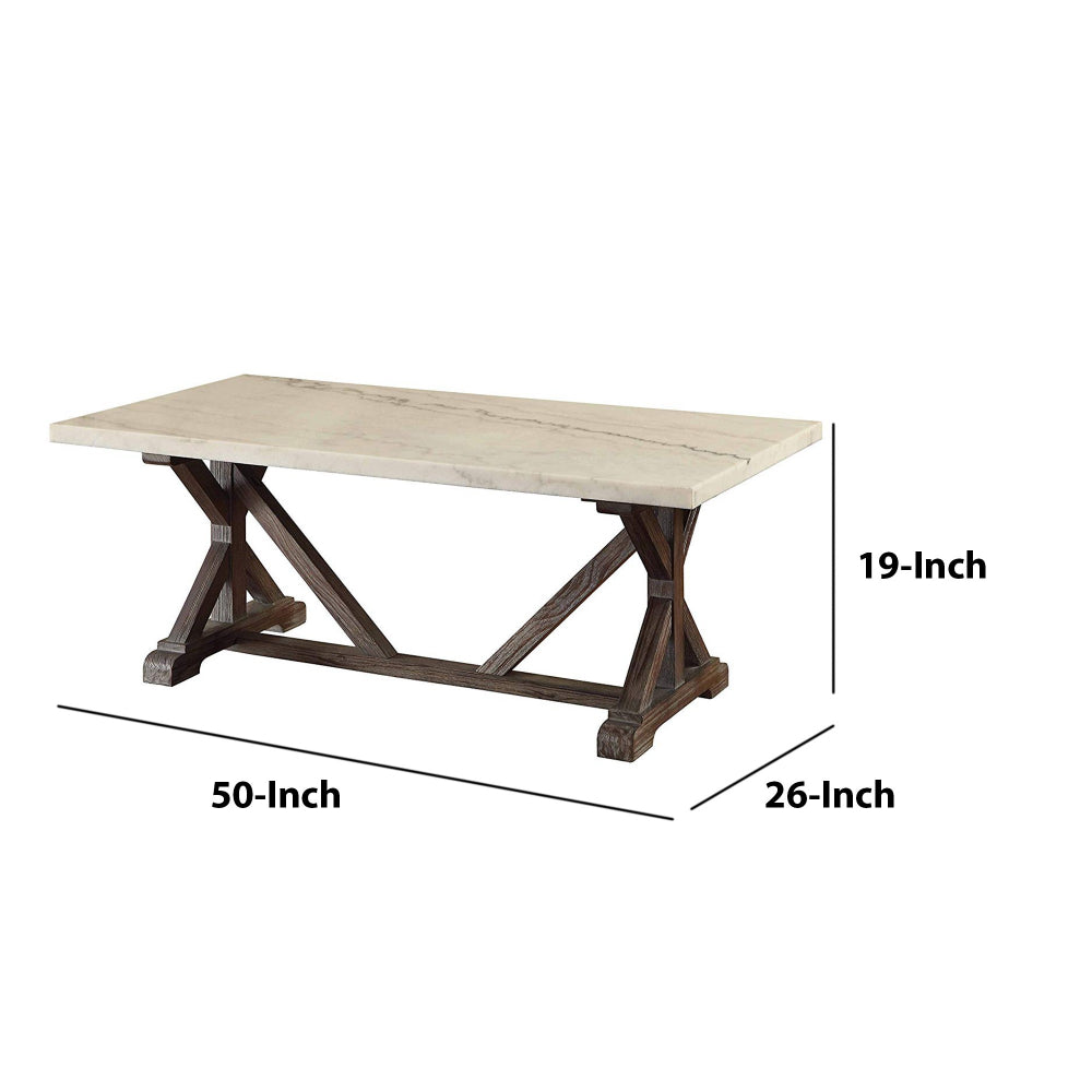 Benzara Marble Rectangle Shaped Coffee Table with Wooden Trestle Base, White And Espresso Brown