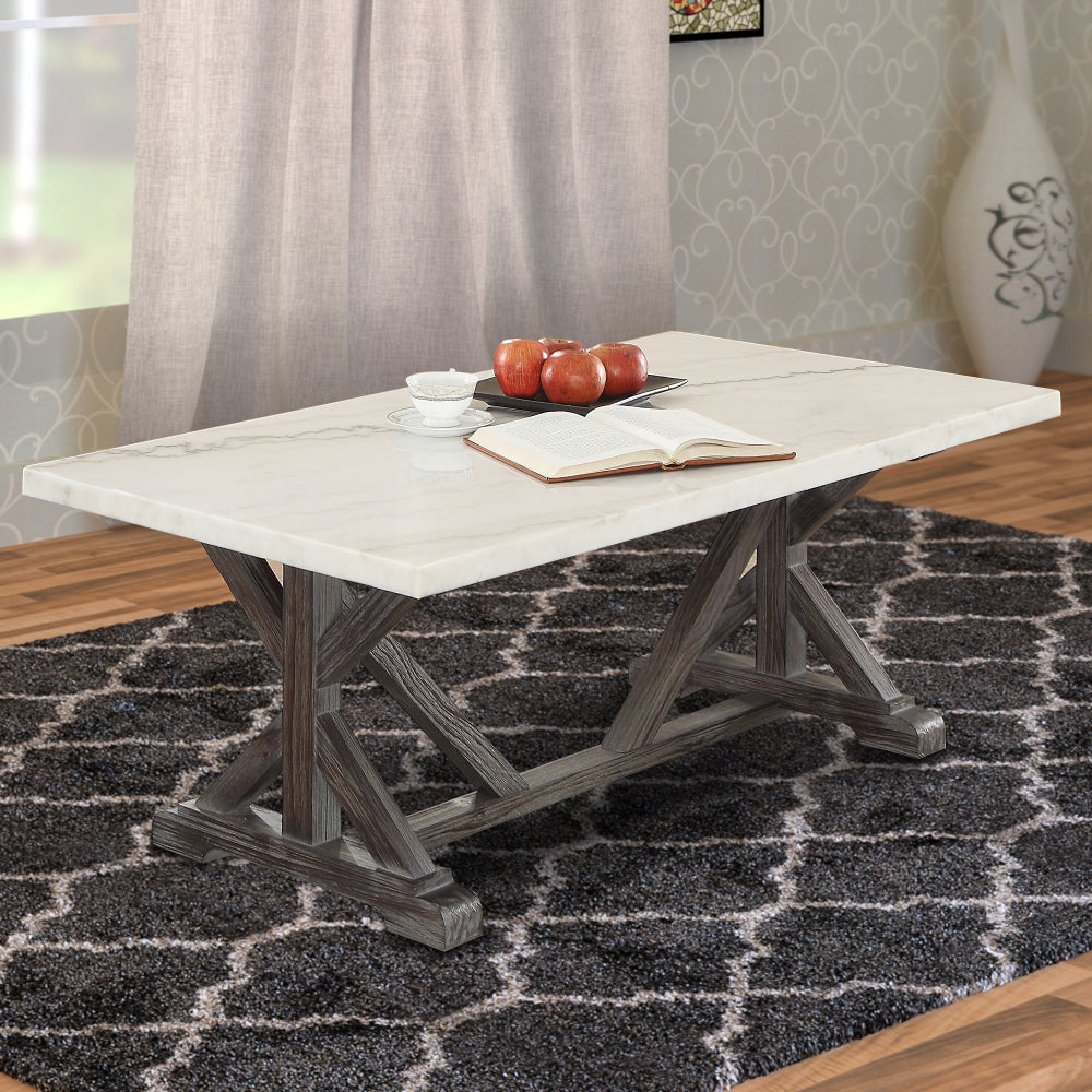 Benzara Marble Rectangle Shaped Coffee Table with Wooden Trestle Base, White And Espresso Brown