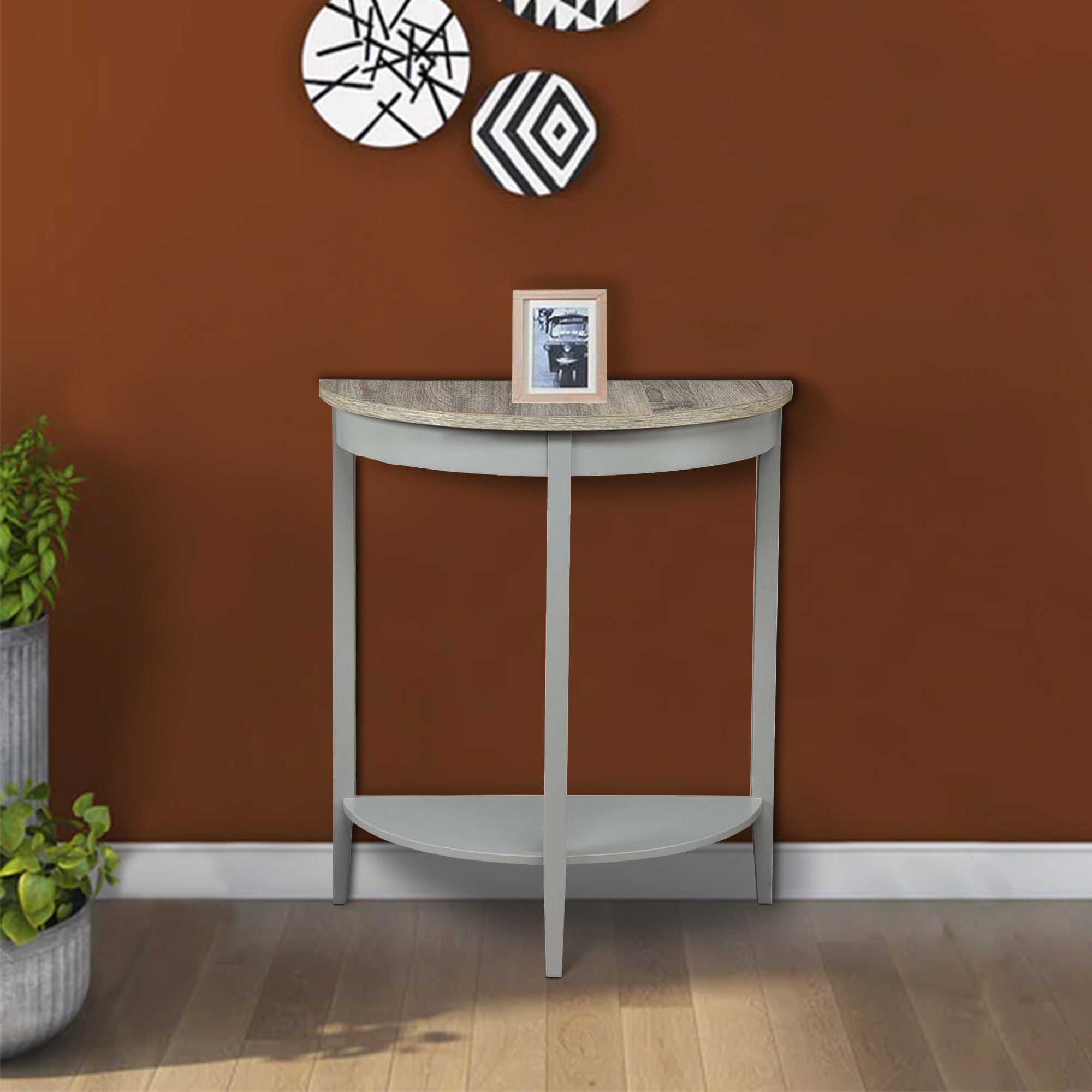 Benzara Wooden Half Moon Shaped Console Table with One Open Bottom Shelf, Oak Brown And Gray