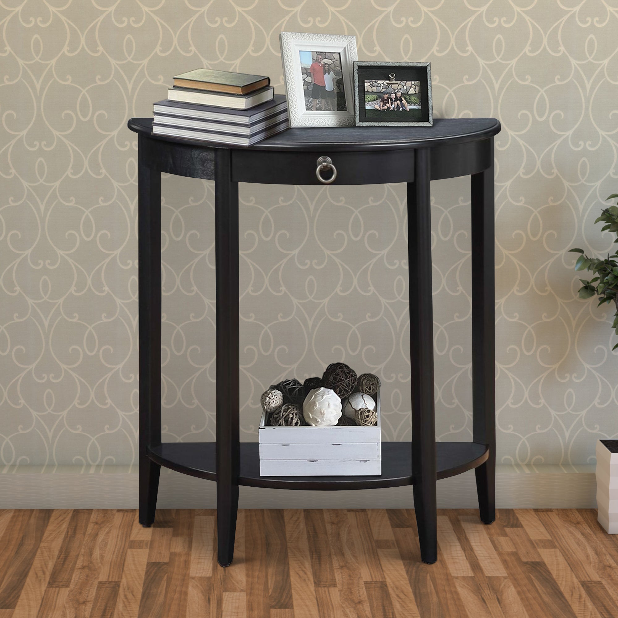 Benzara Wooden Half Moon Shaped Console Table with One Storage Drawer, Black