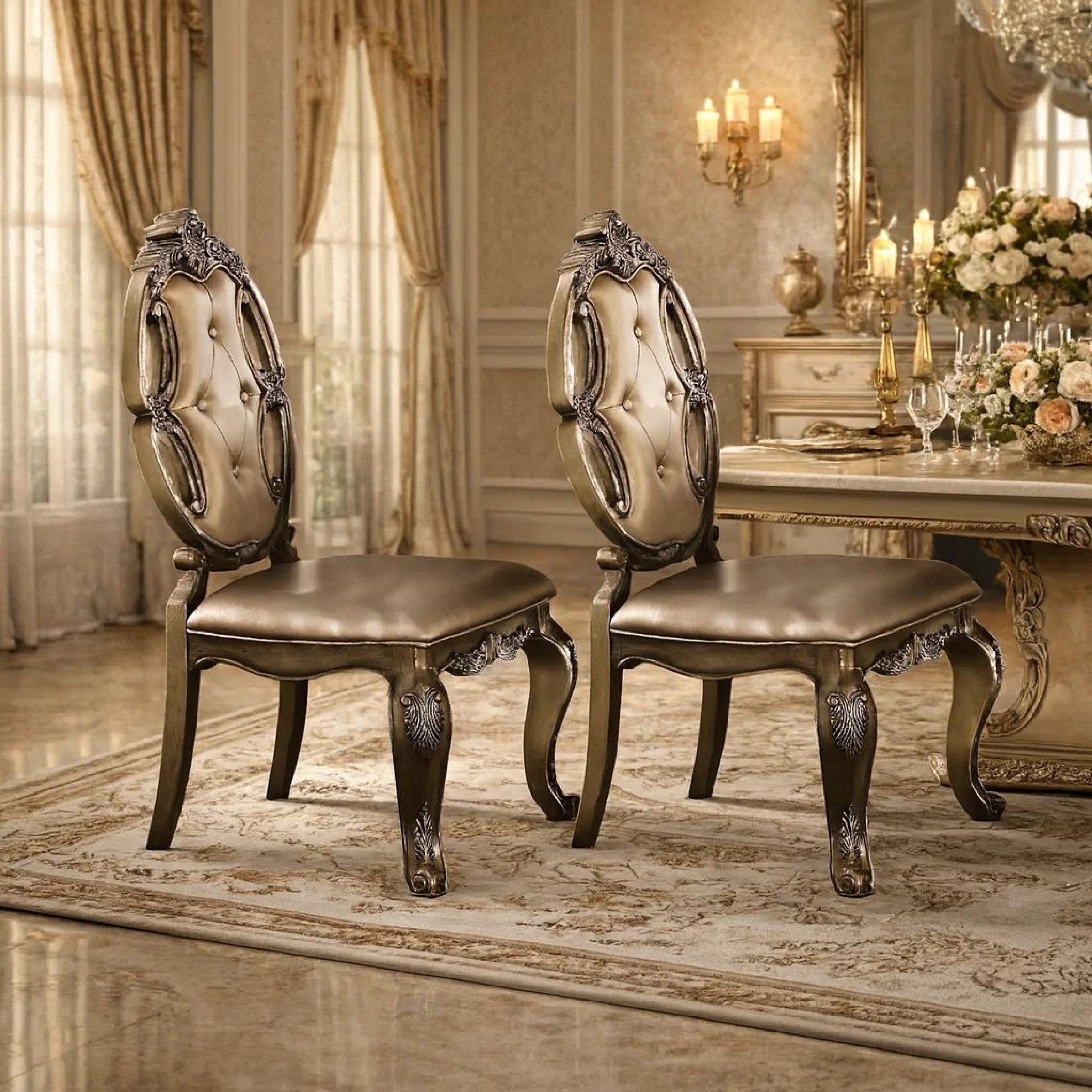 Benzara 26 Inch Dining Chair, Faux Leather, Set of 2, Champagne Gold